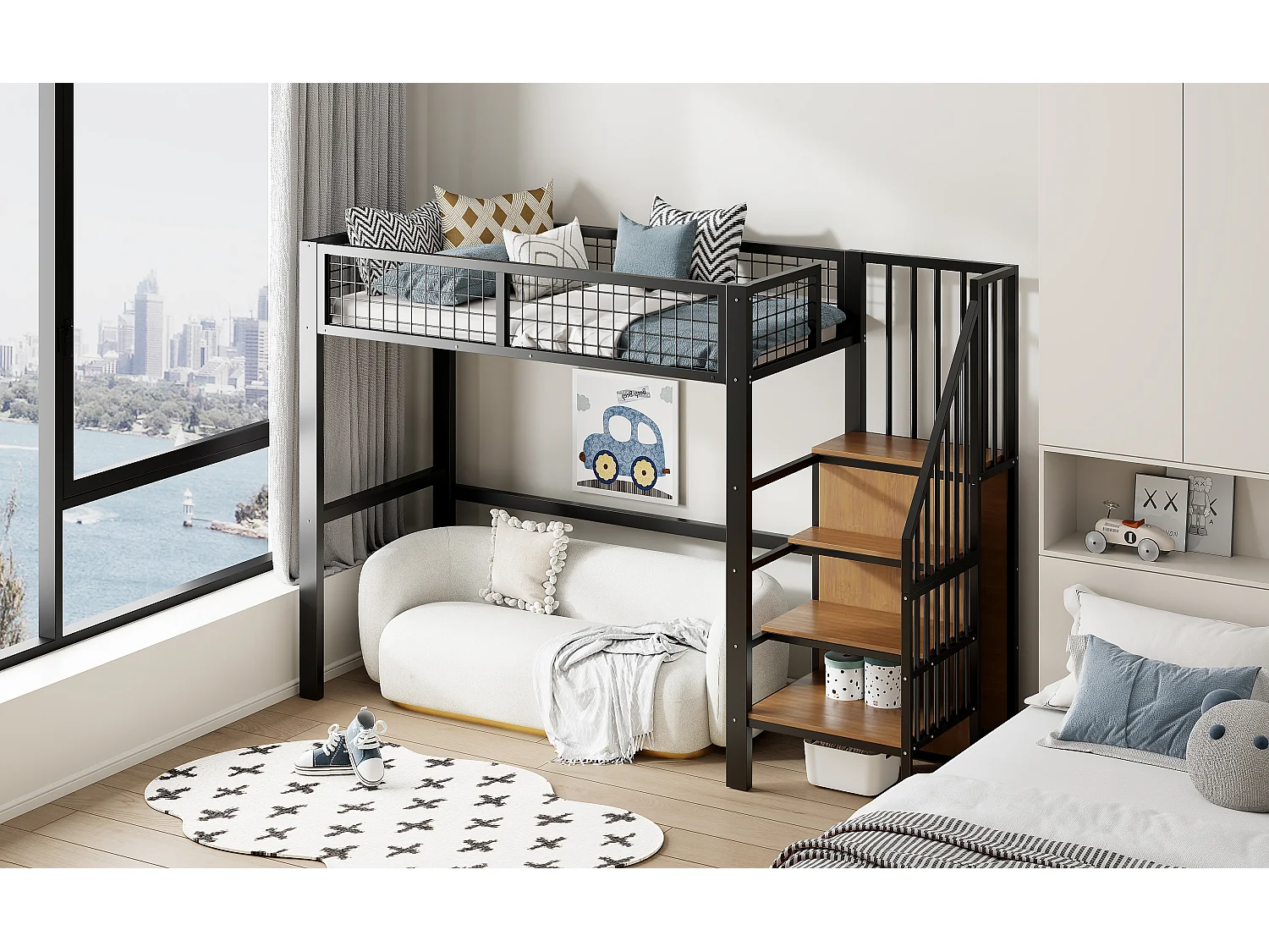 Cama alta infantil 90 x 200 cm con estante y armario - Cama de metal y madera - Madera negra y oscura