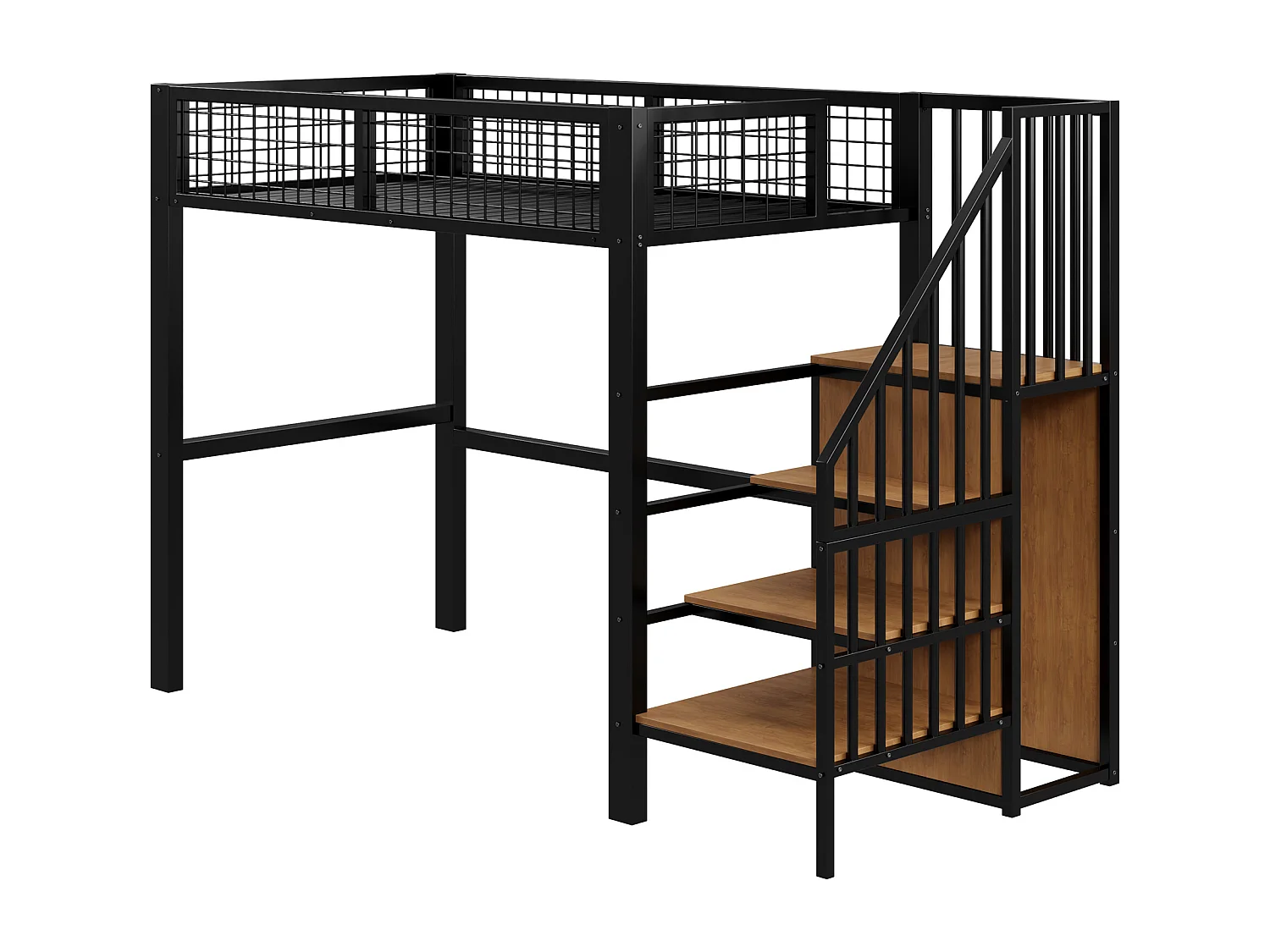 Cama alta infantil 90 x 200 cm con estante y armario - Cama de metal y madera - Madera negra y oscura