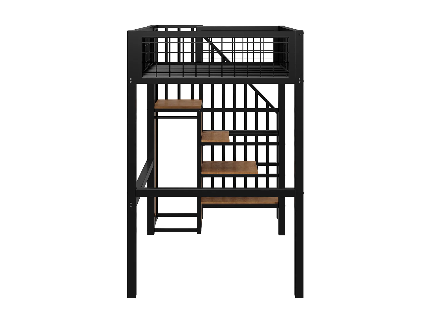 Cama alta infantil 90 x 200 cm con estante y armario - Cama de metal y madera - Madera negra y oscura