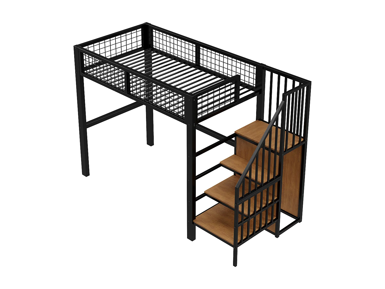 Cama alta infantil 90 x 200 cm con estante y armario - Cama de metal y madera - Madera negra y oscura