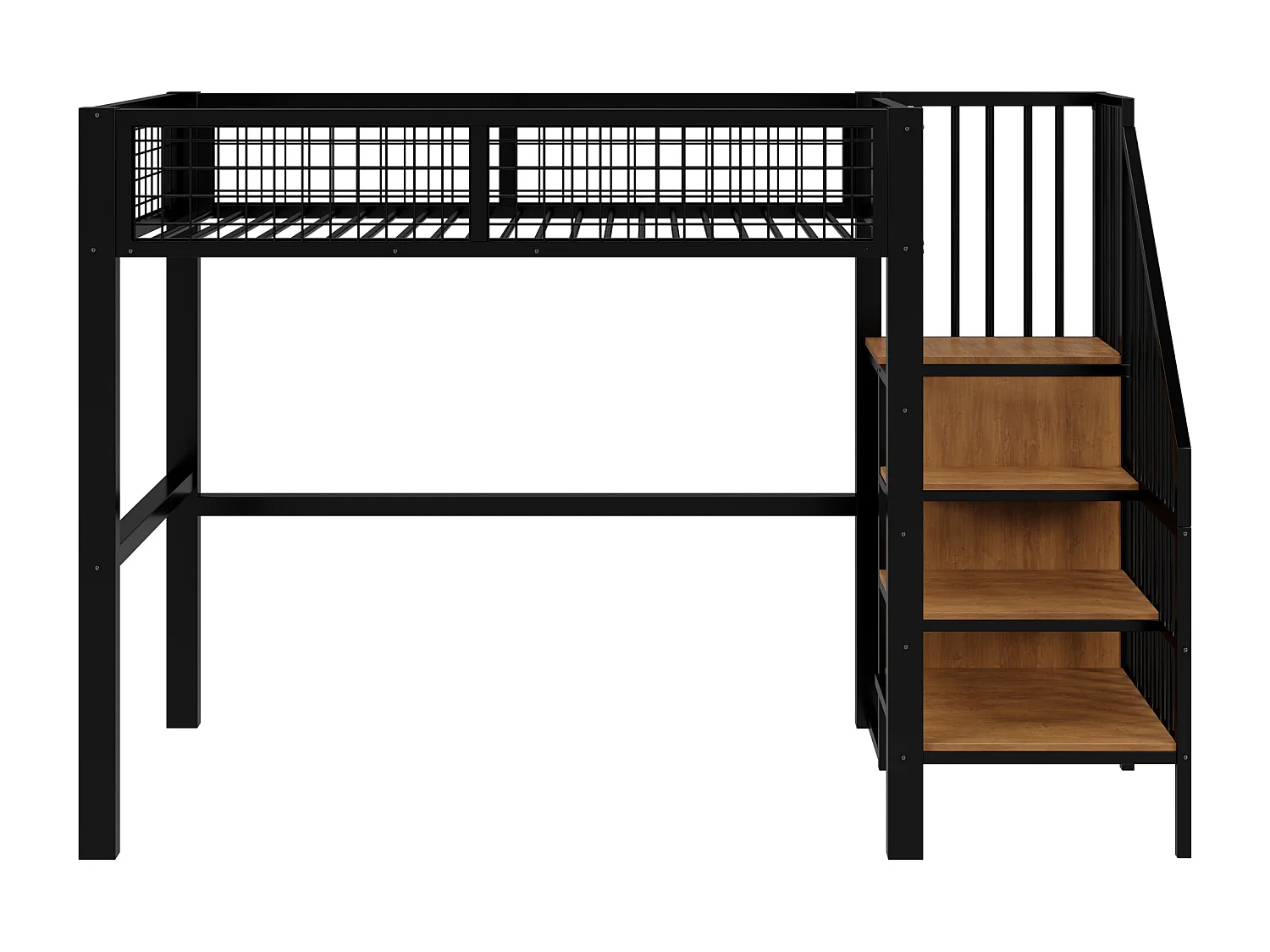 Cama alta infantil 90 x 200 cm con estante y armario - Cama de metal y madera - Madera negra y oscura