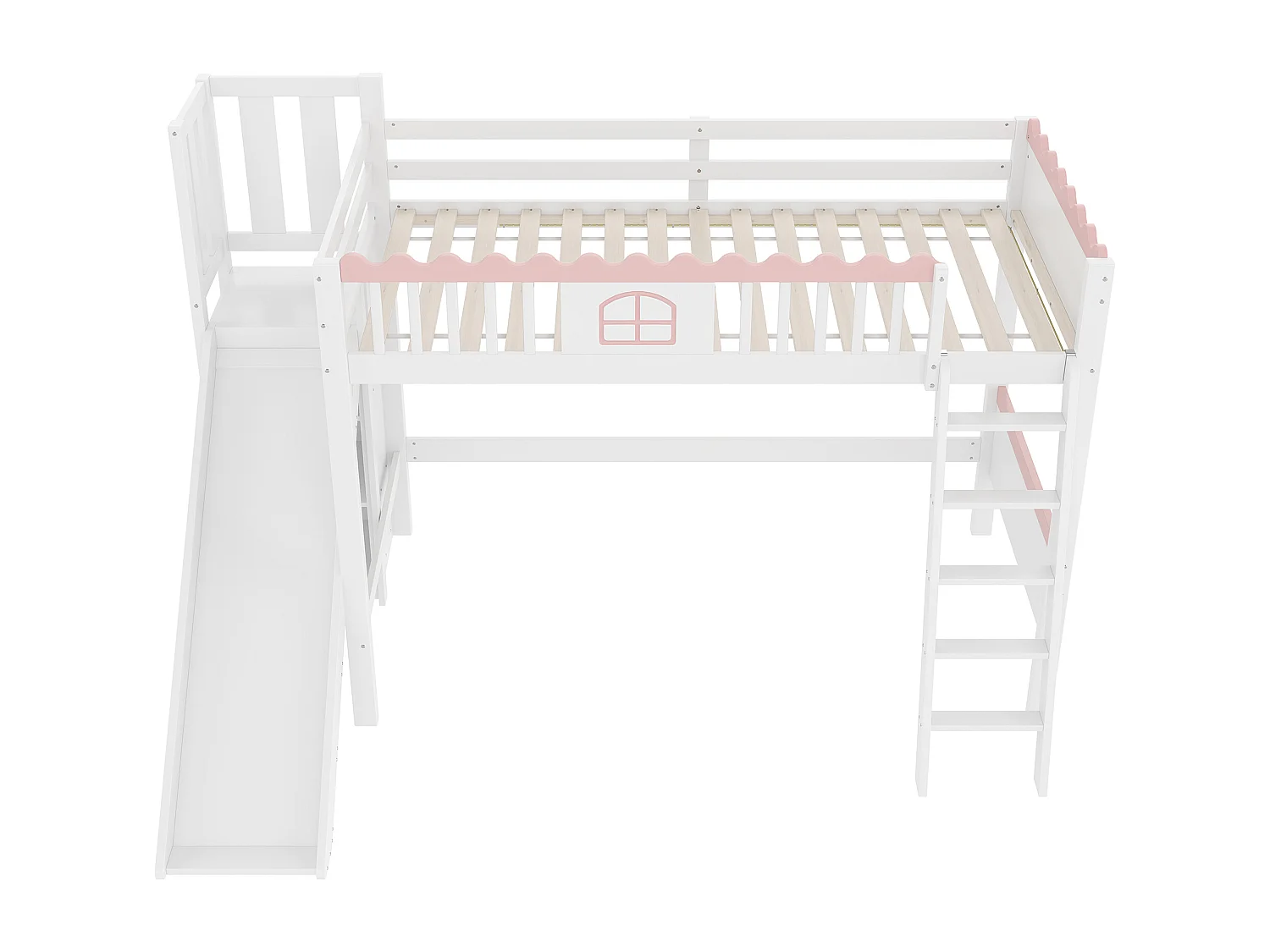 Hoogslaper van 90x200 cm met ledverlichting, glijbaan en planken - Grenen en MDF - Wit en roze