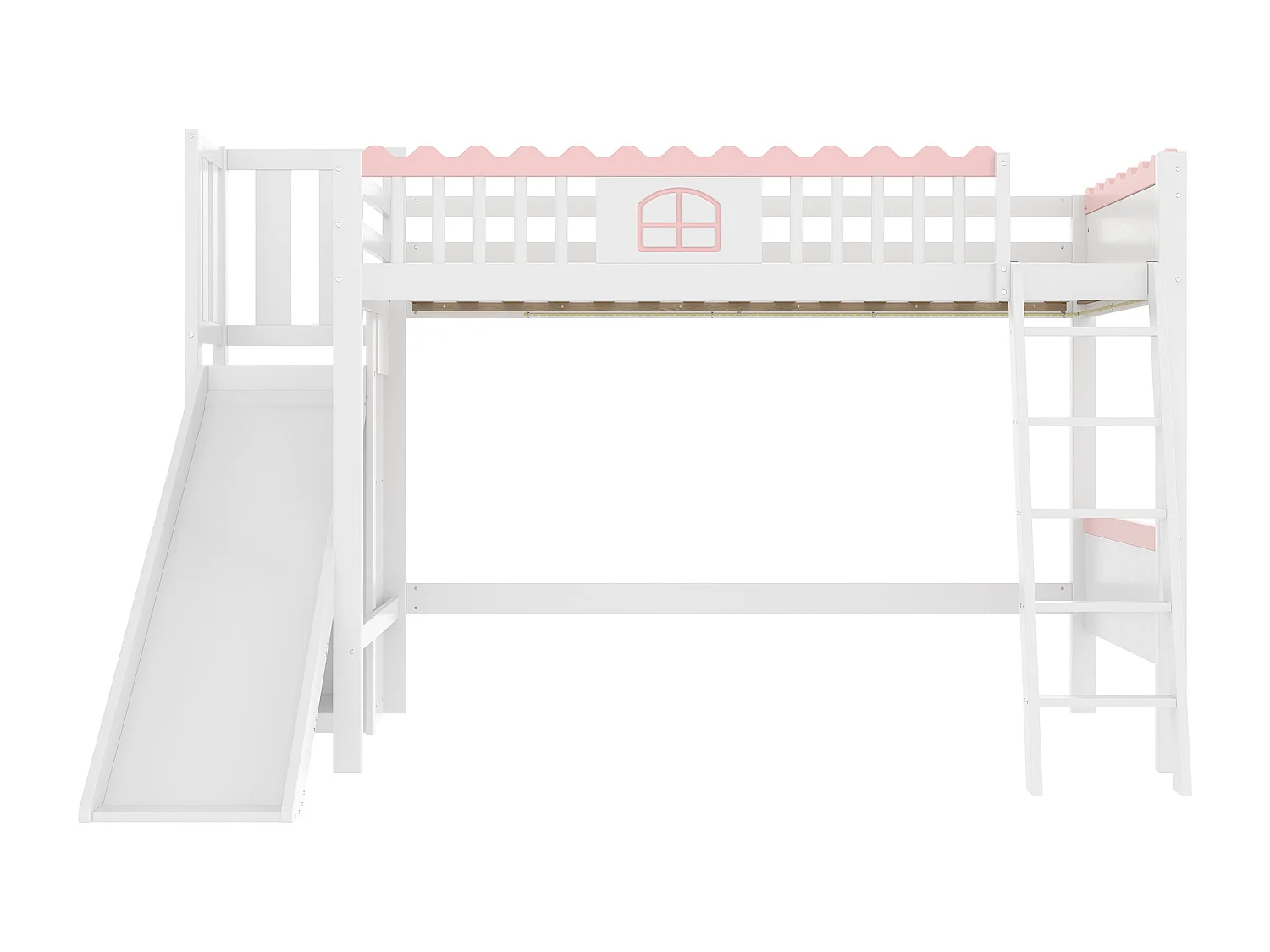 Hoogslaper van 90x200 cm met ledverlichting, glijbaan en planken - Grenen en MDF - Wit en roze