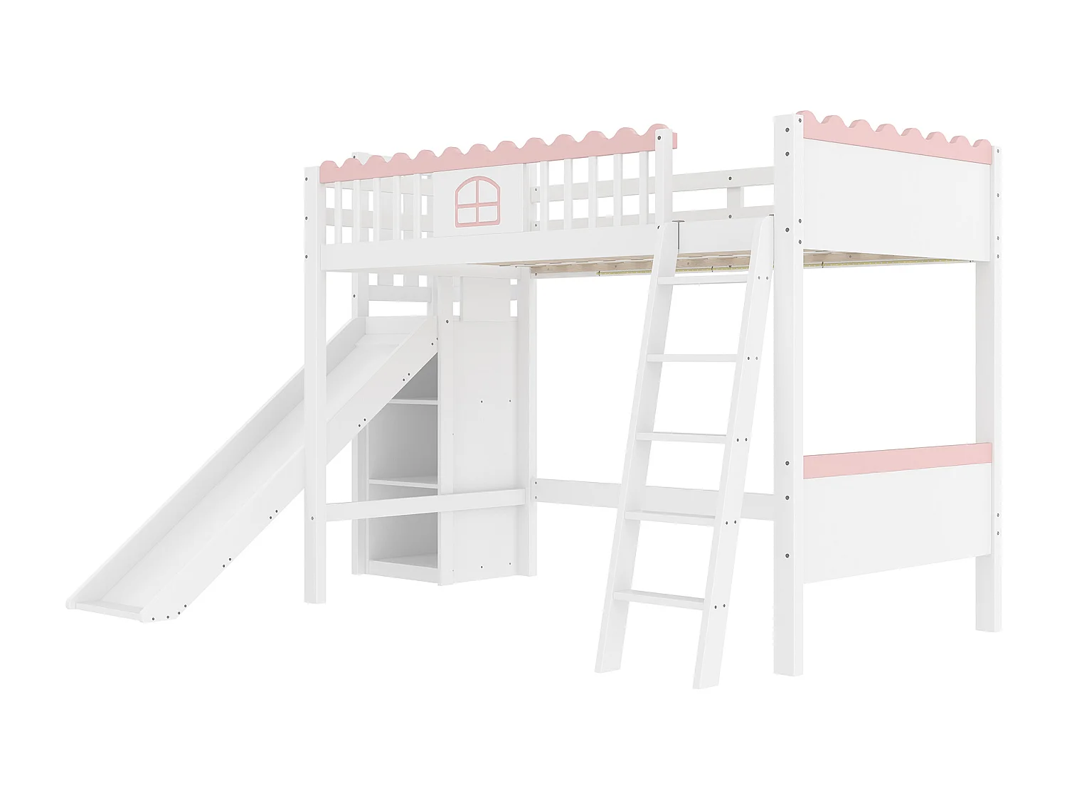 Hoogslaper van 90x200 cm met ledverlichting, glijbaan en planken - Grenen en MDF - Wit en roze