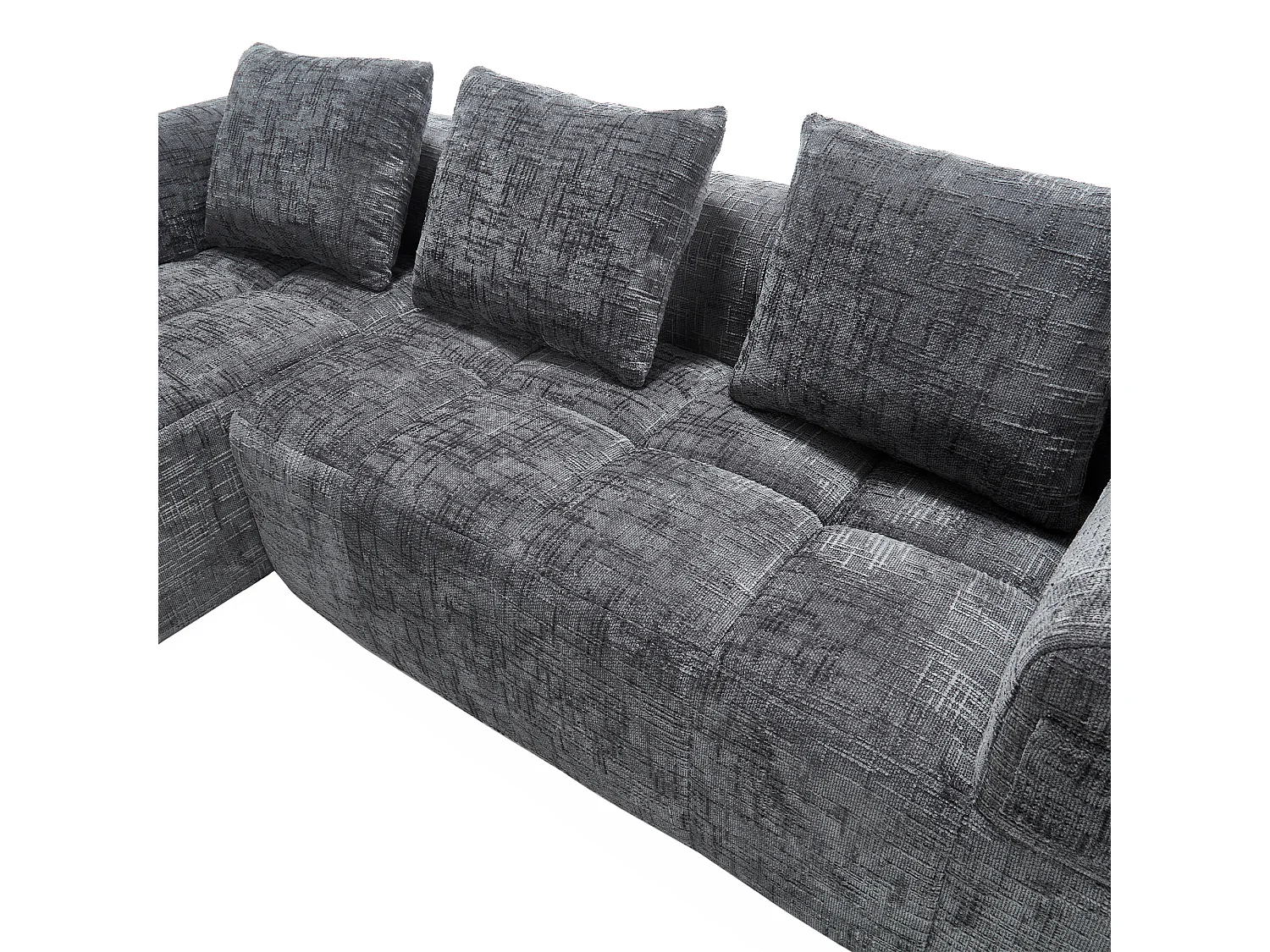 3-zits L-vormige hoekbank met 3 kussens en zijvak - Grijze chenille