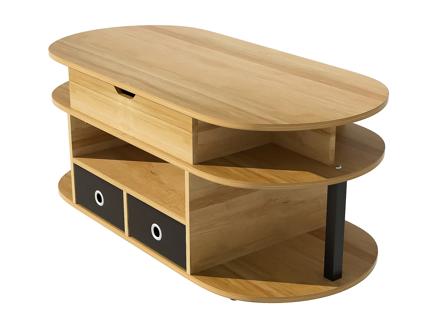 Salontafel met opklapbaar blad en 2 zwarte stoffen lades - Houtnerfafwerking - Licht naturel