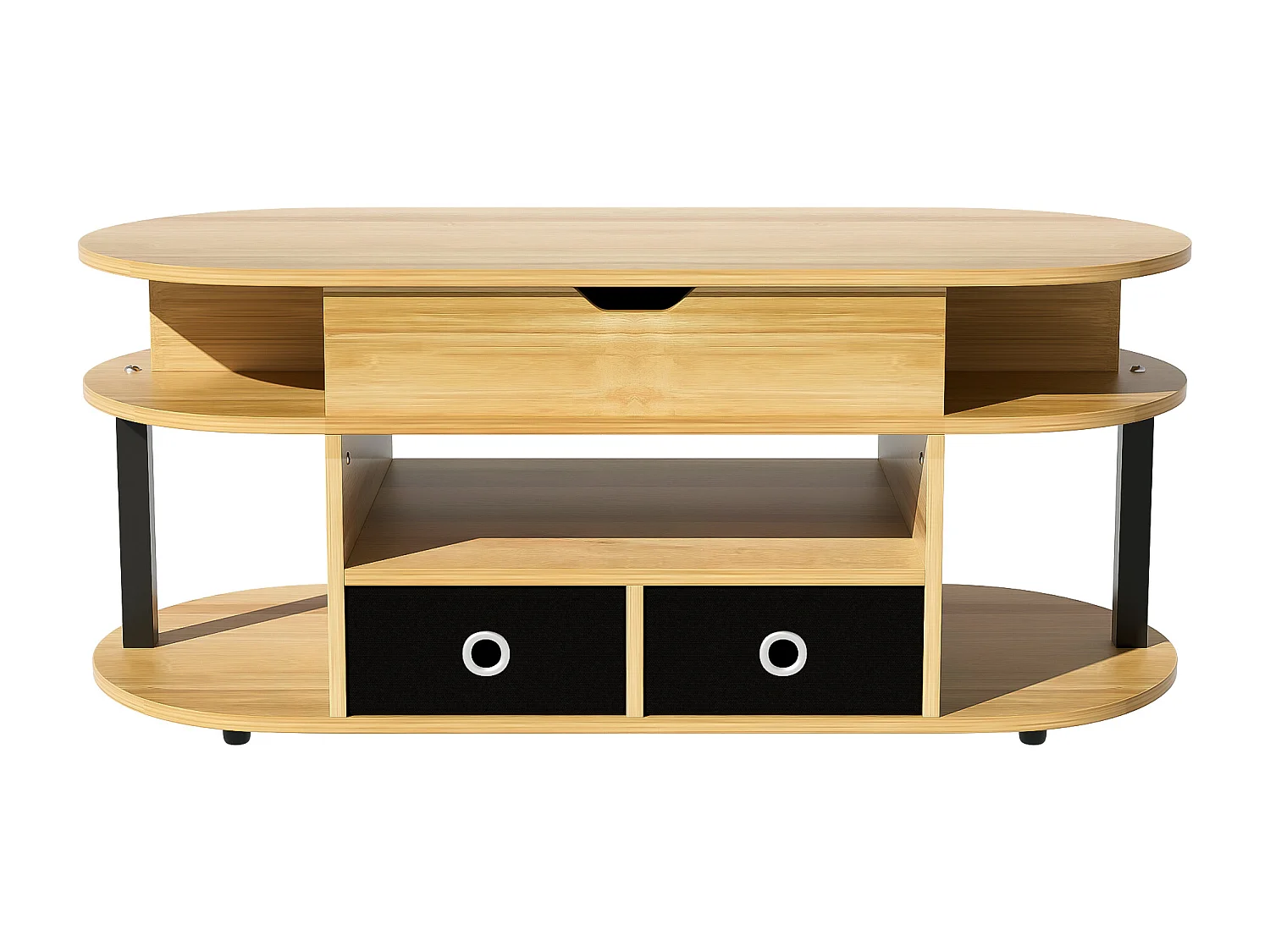 Salontafel met opklapbaar blad en 2 zwarte stoffen lades - Houtnerfafwerking - Licht naturel