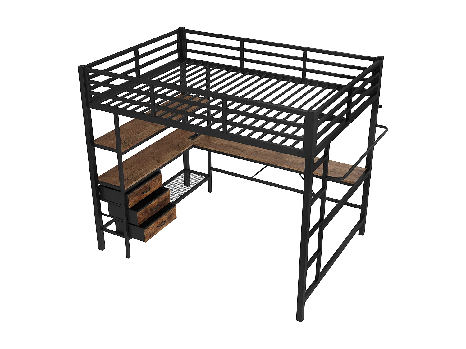 Cama alta de 140 x 200 cm con iluminación LED, escritorio, toma de corriente y 3 cajones - Cama infantil de metal y madera - Color negro