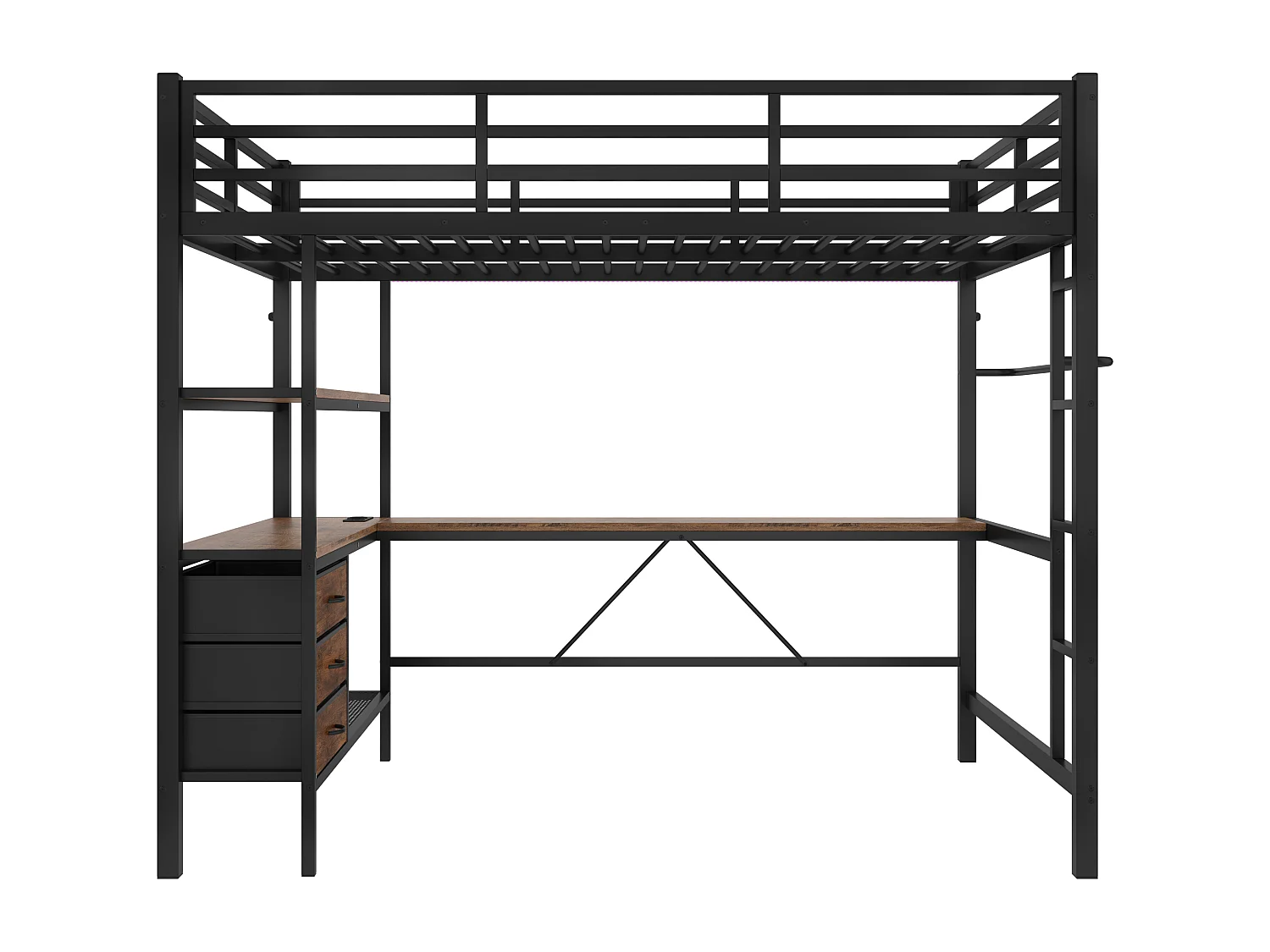 Cama alta de 140 x 200 cm con iluminación LED, escritorio, toma de corriente y 3 cajones - Cama infantil de metal y madera - Color negro