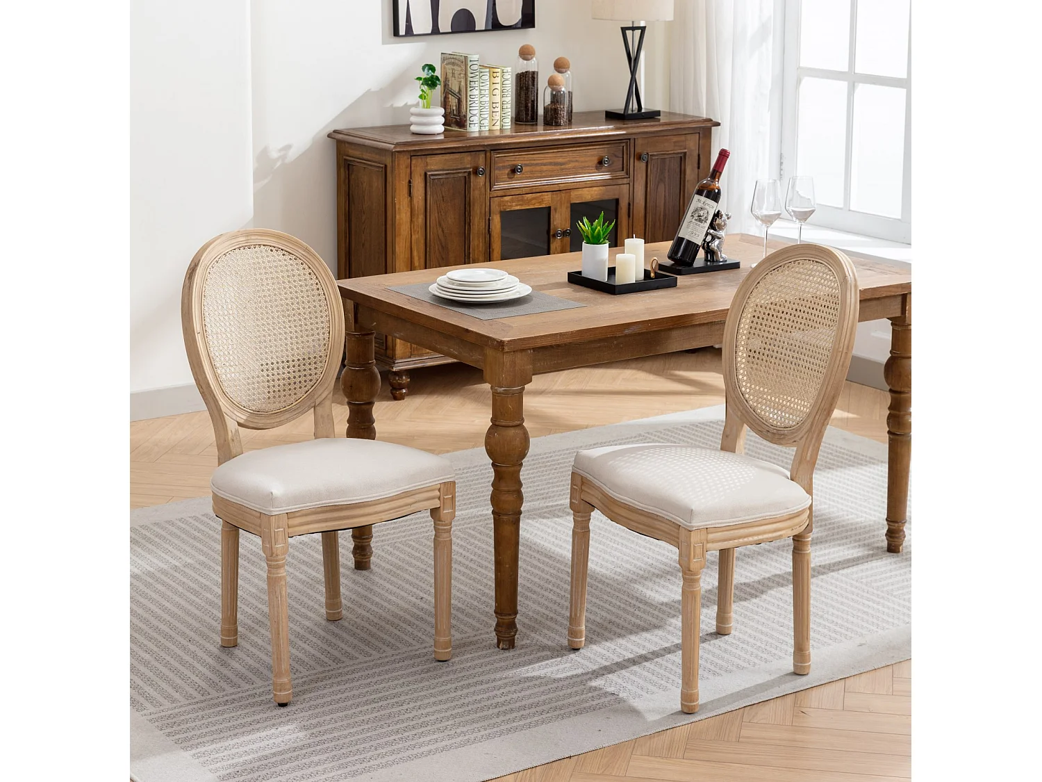 Lot de 2 chaises en bois et tissu lin - Dossier en rotin - Beige et naturel clair