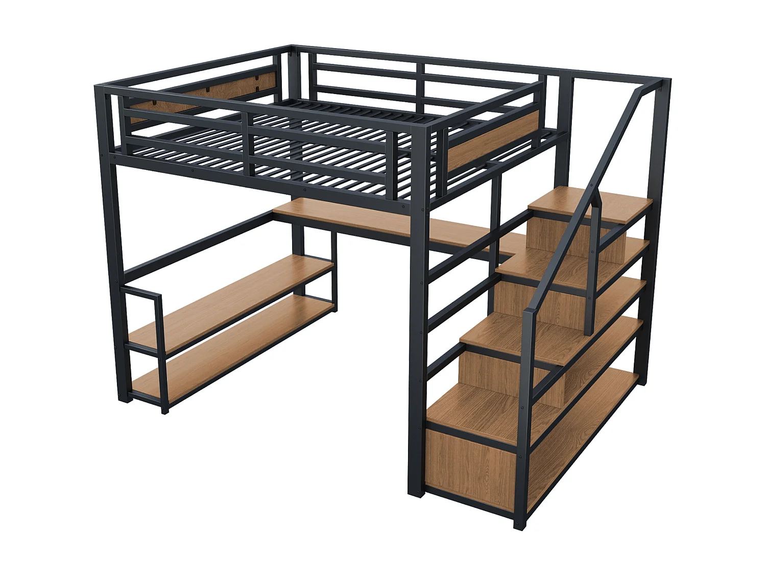 Cama alta de 140x200cm con estantes y escritorio - Cama infantil en metal y madera - Negro y natural oscuro