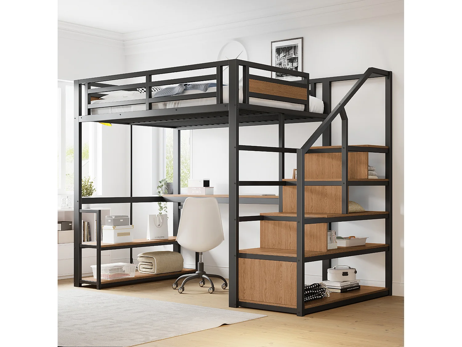 Cama alta de 140x200cm con estantes y escritorio - Cama infantil en metal y madera - Negro y natural oscuro