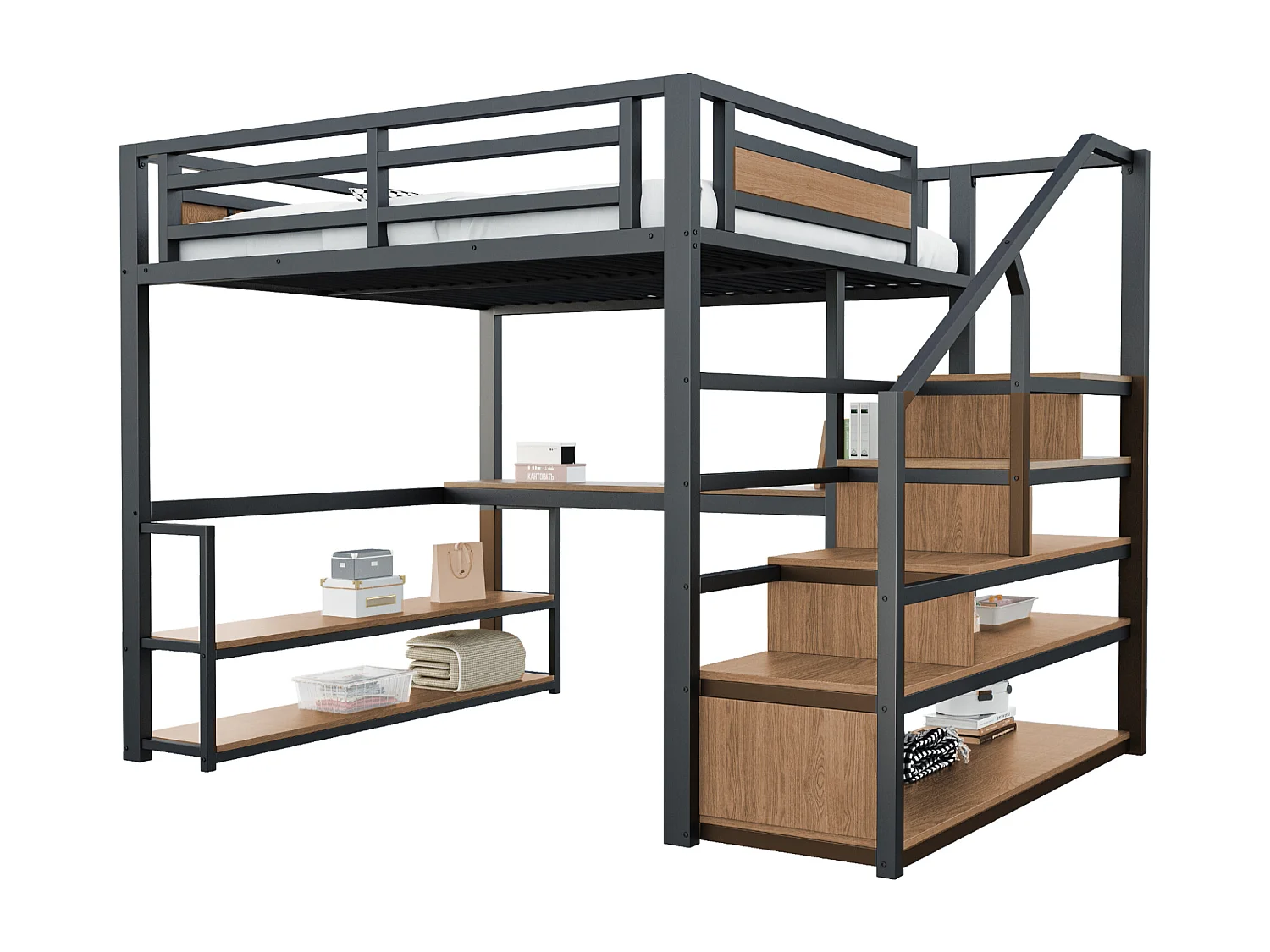 Cama alta de 140x200cm con estantes y escritorio - Cama infantil en metal y madera - Negro y natural oscuro