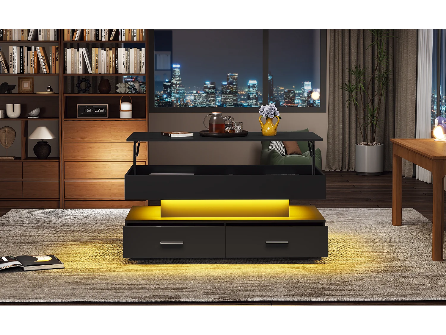 Salontafel met opklapbaar blad, ledverlichting en 2 lades - PB hout - Zwart