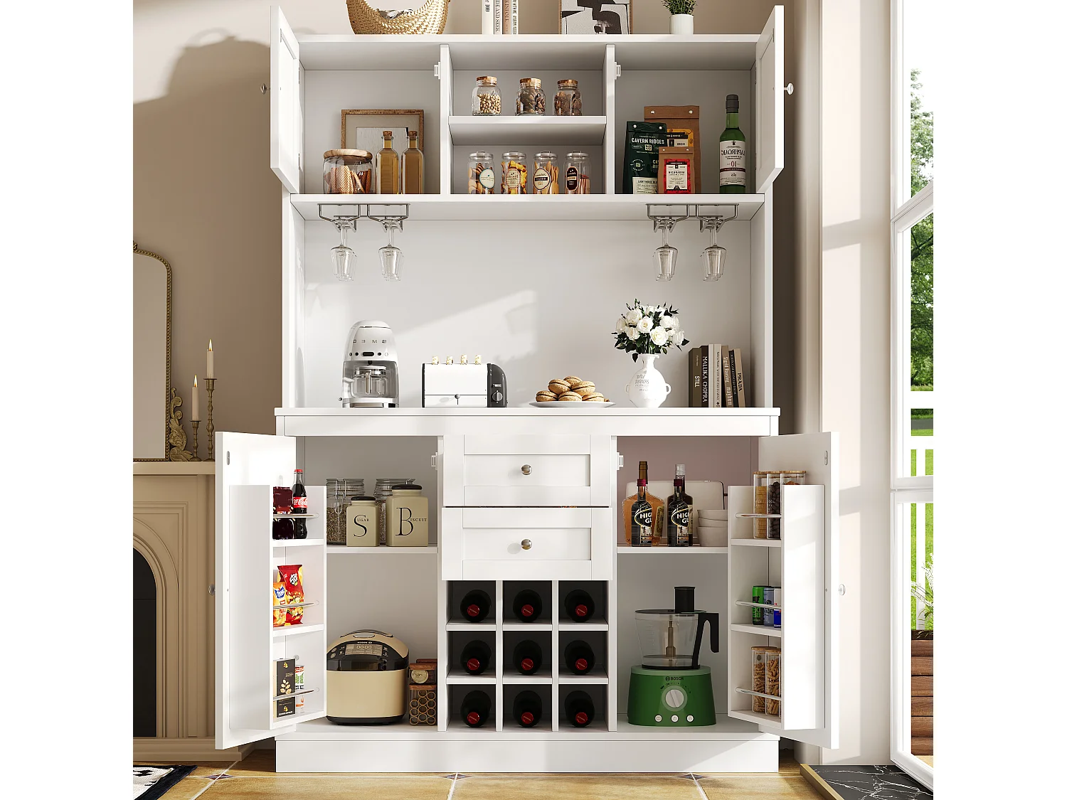 Credenza da cucina con 4 ante, 2 cassetti e portabottiglie - Legno MDF - Nero