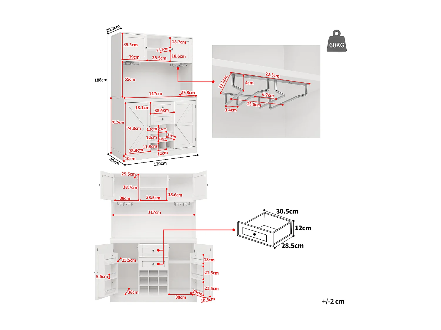 Credenza da cucina con 4 ante, 2 cassetti e portabottiglie - Legno MDF - Nero