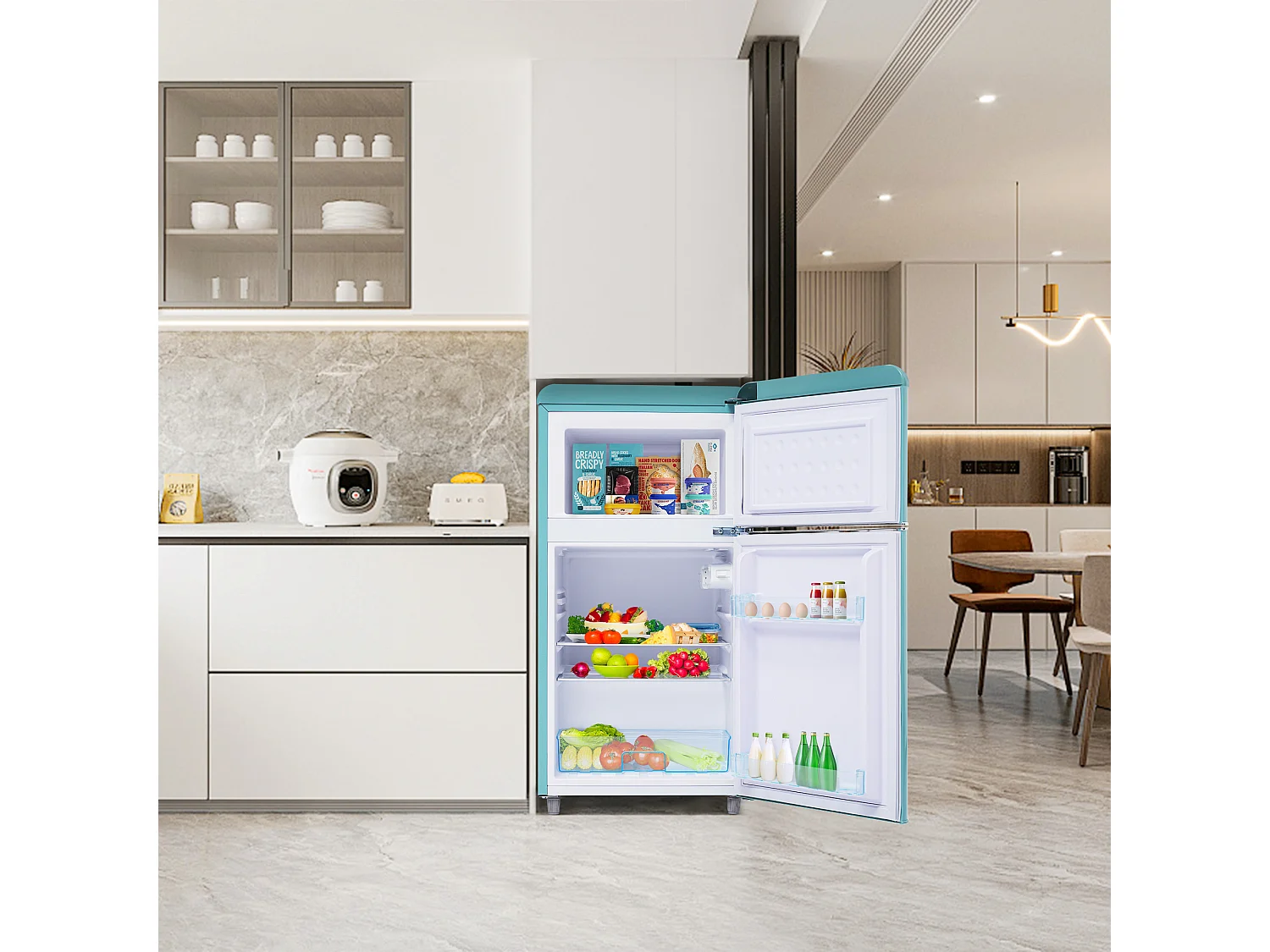 Réfrigérateur style rétro de 72 L avec 2 portes et LED - congélateur de 21 L - Bleu-vert