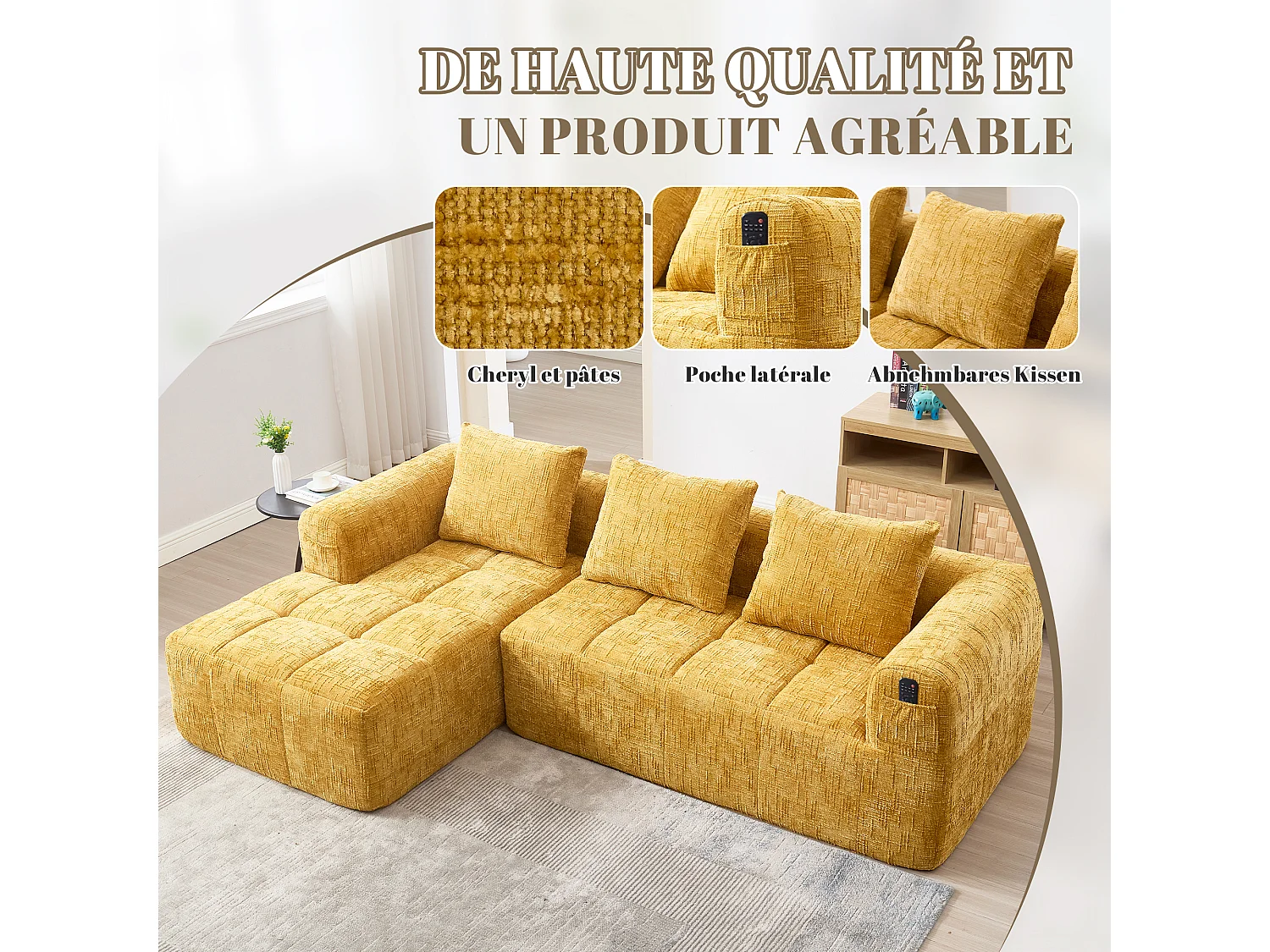 Canapé 3 place d'angle en L avec 3 coussins et poche latérale - Chenille jaune