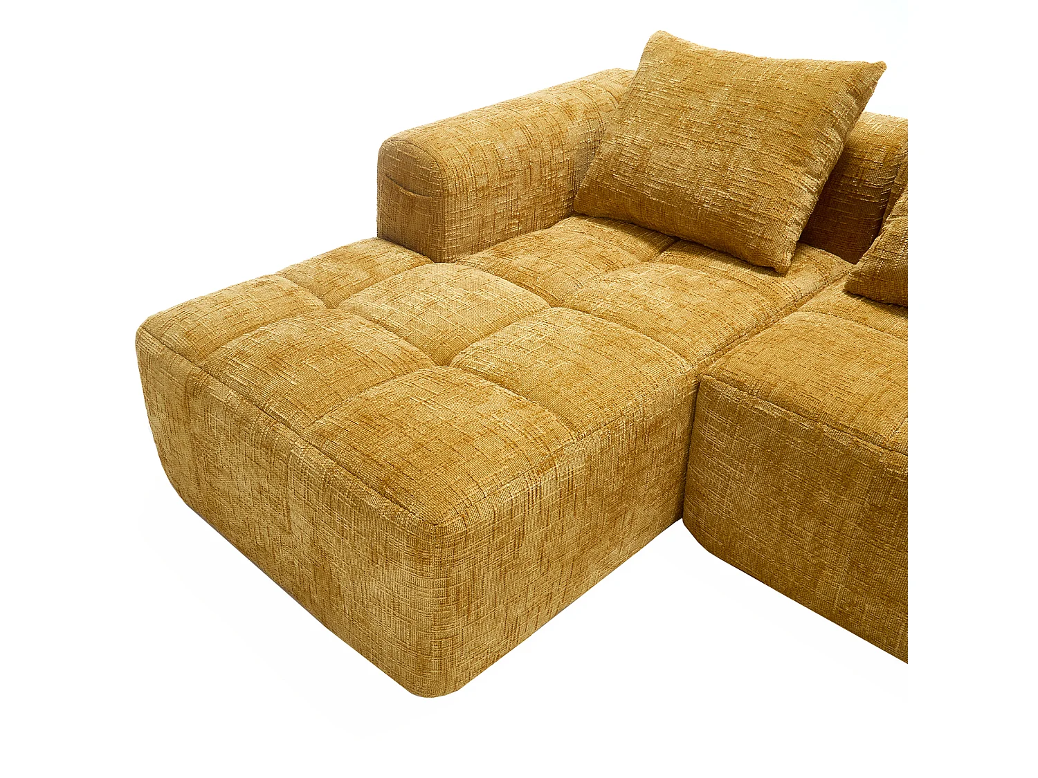 Canapé 3 place d'angle en L avec 3 coussins et poche latérale - Chenille jaune