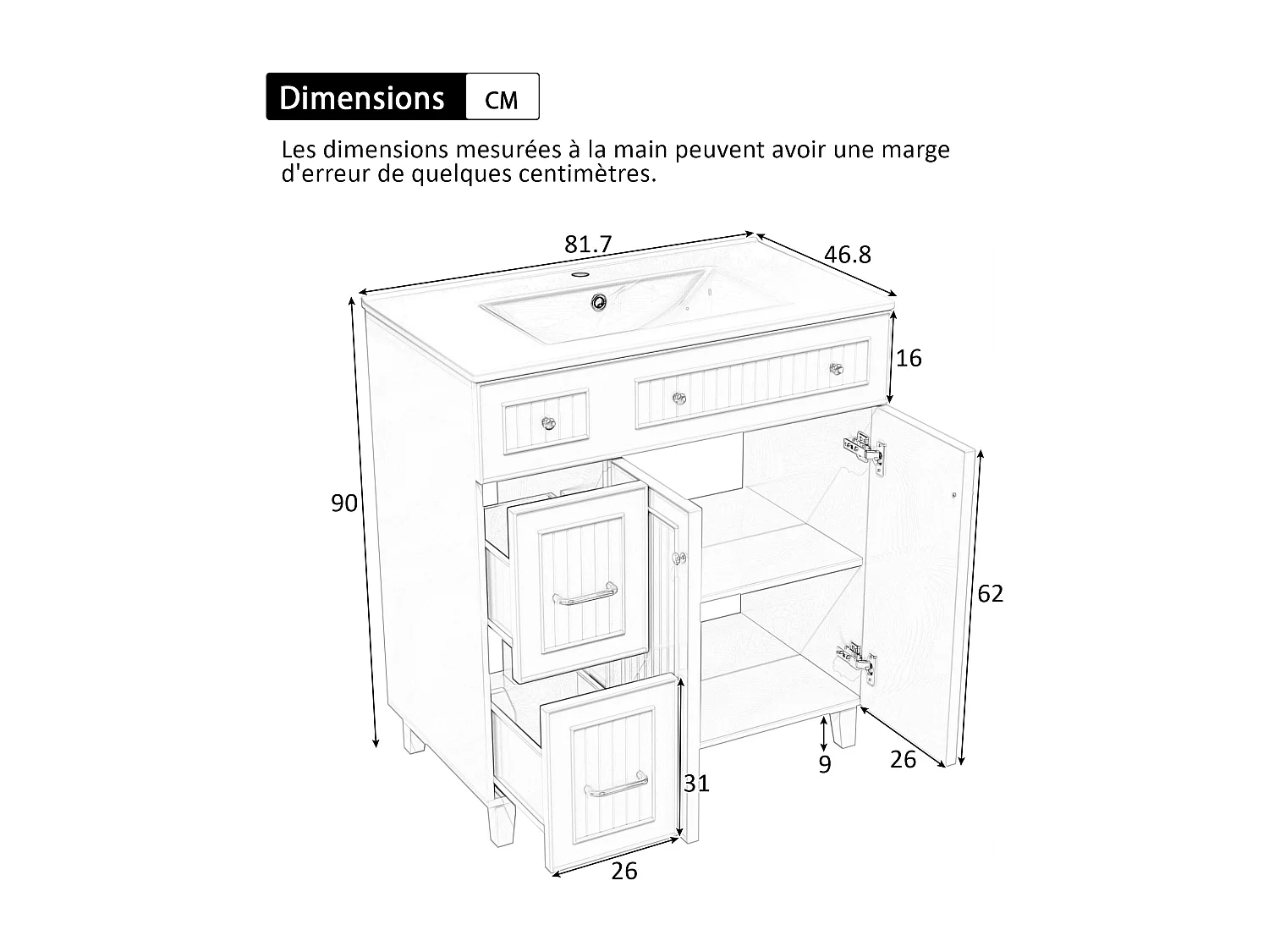 Badkamermeubel met keramische wasbak, 2 lades en 2 deuren - Wit