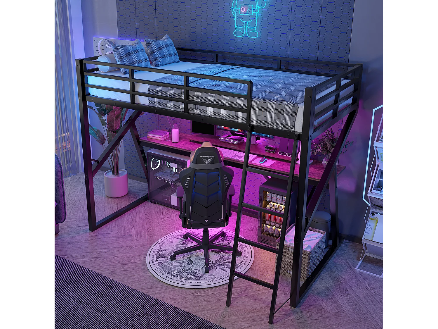 Lit mezzanine enfant 90 x 200 cm avec bureau et LED - Structure en métal - Blanc