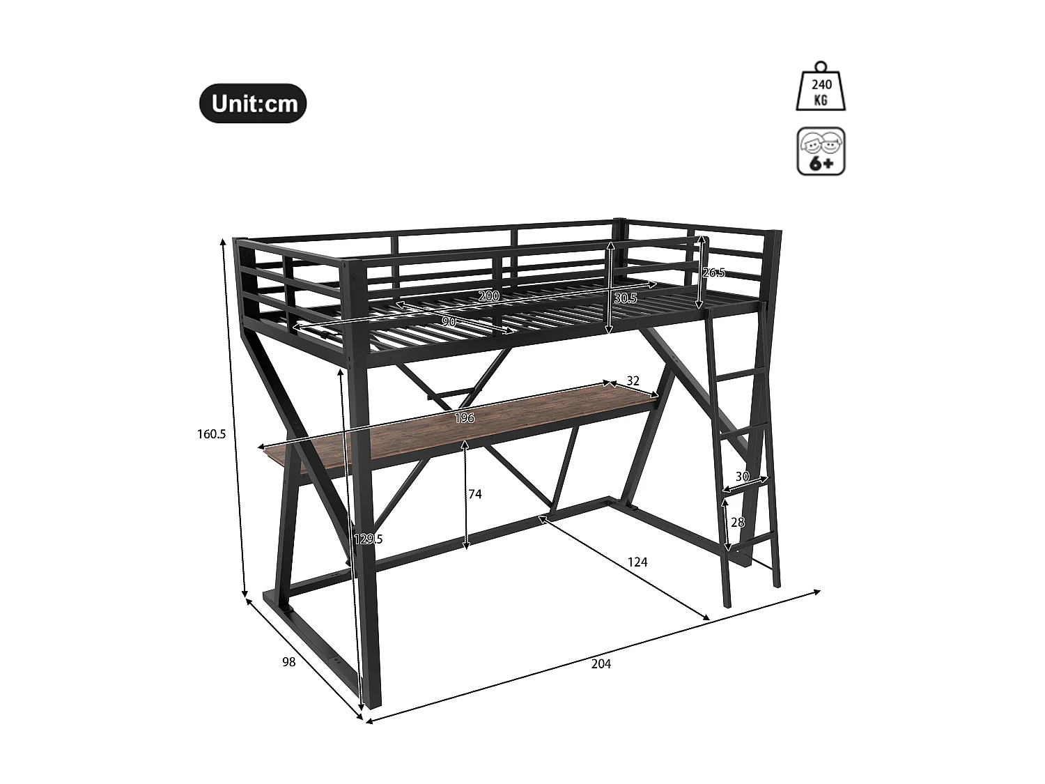 Lit mezzanine enfant 90 x 200 cm avec bureau et LED - Structure en métal - Blanc