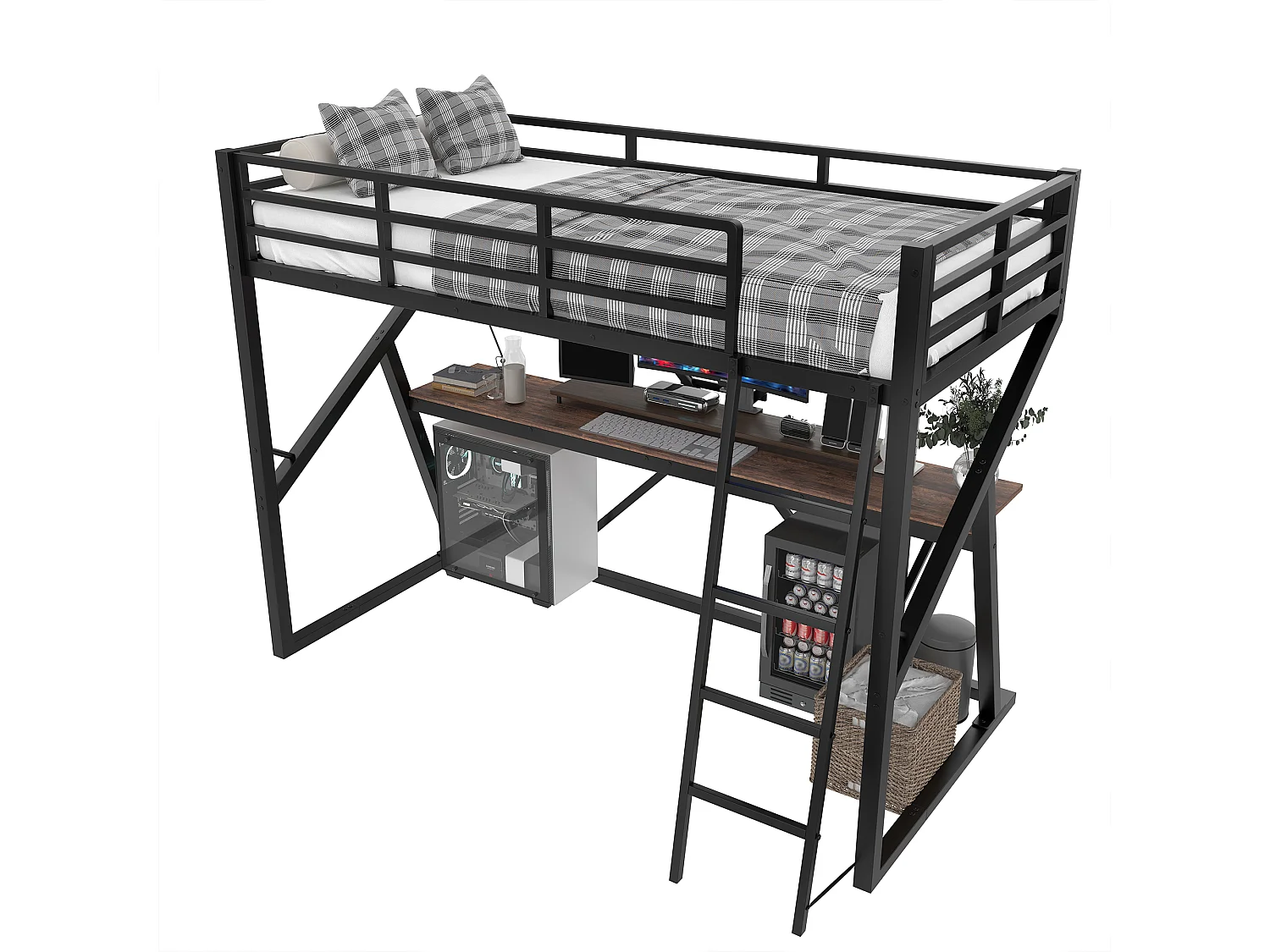 Lit mezzanine enfant 90 x 200 cm avec bureau et LED - Structure en métal - Blanc