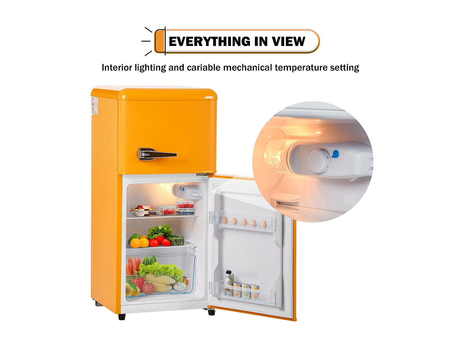 Koelkast van 60 liter met 2 deuren en ledverlichting - Energieverbruik 102 kWh/jaar - Antiekgeel