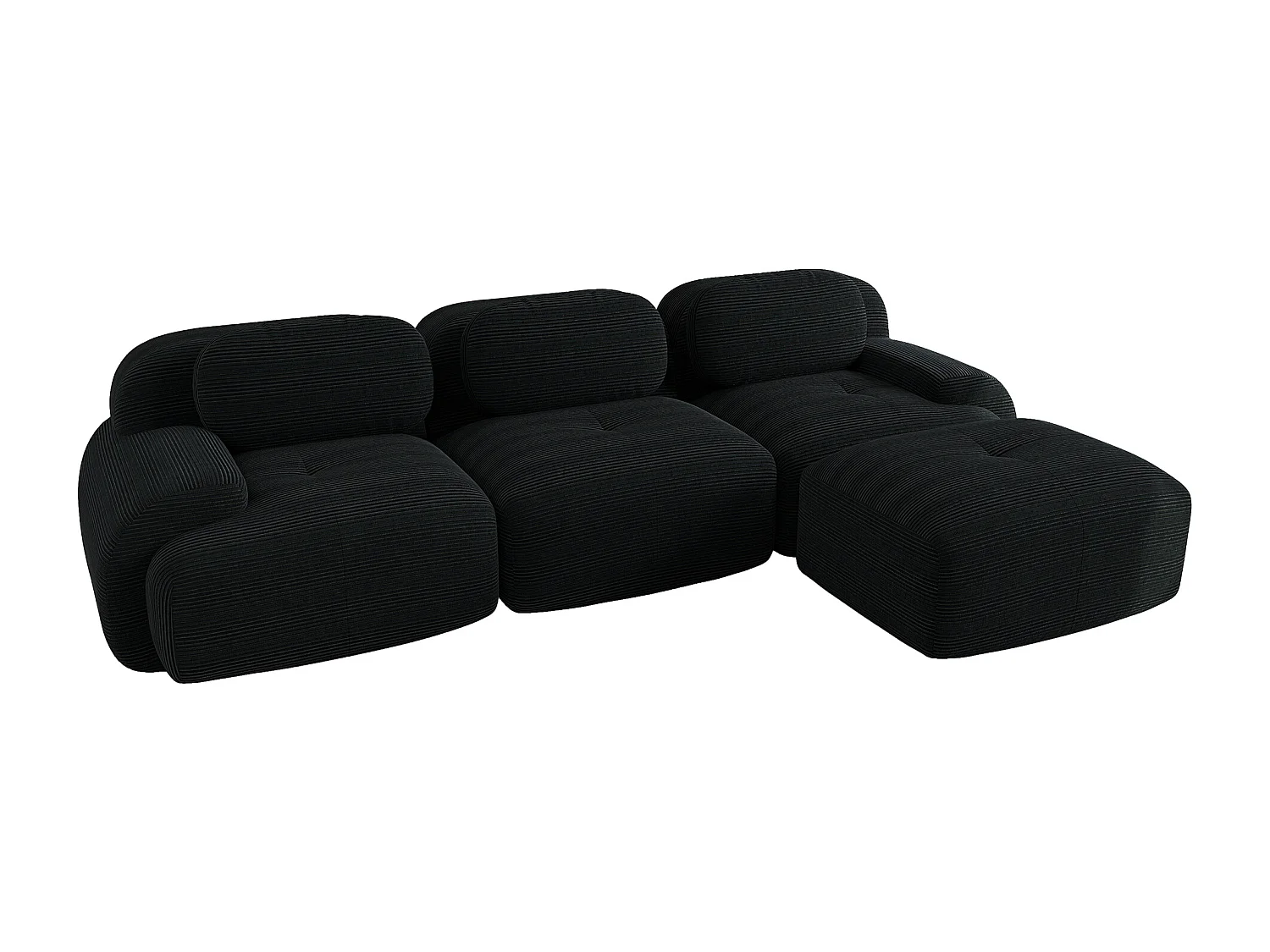 Divano 3 posti con poggiapiedi e cuscini - Velluto a coste - Nero, non necessita di montaggio