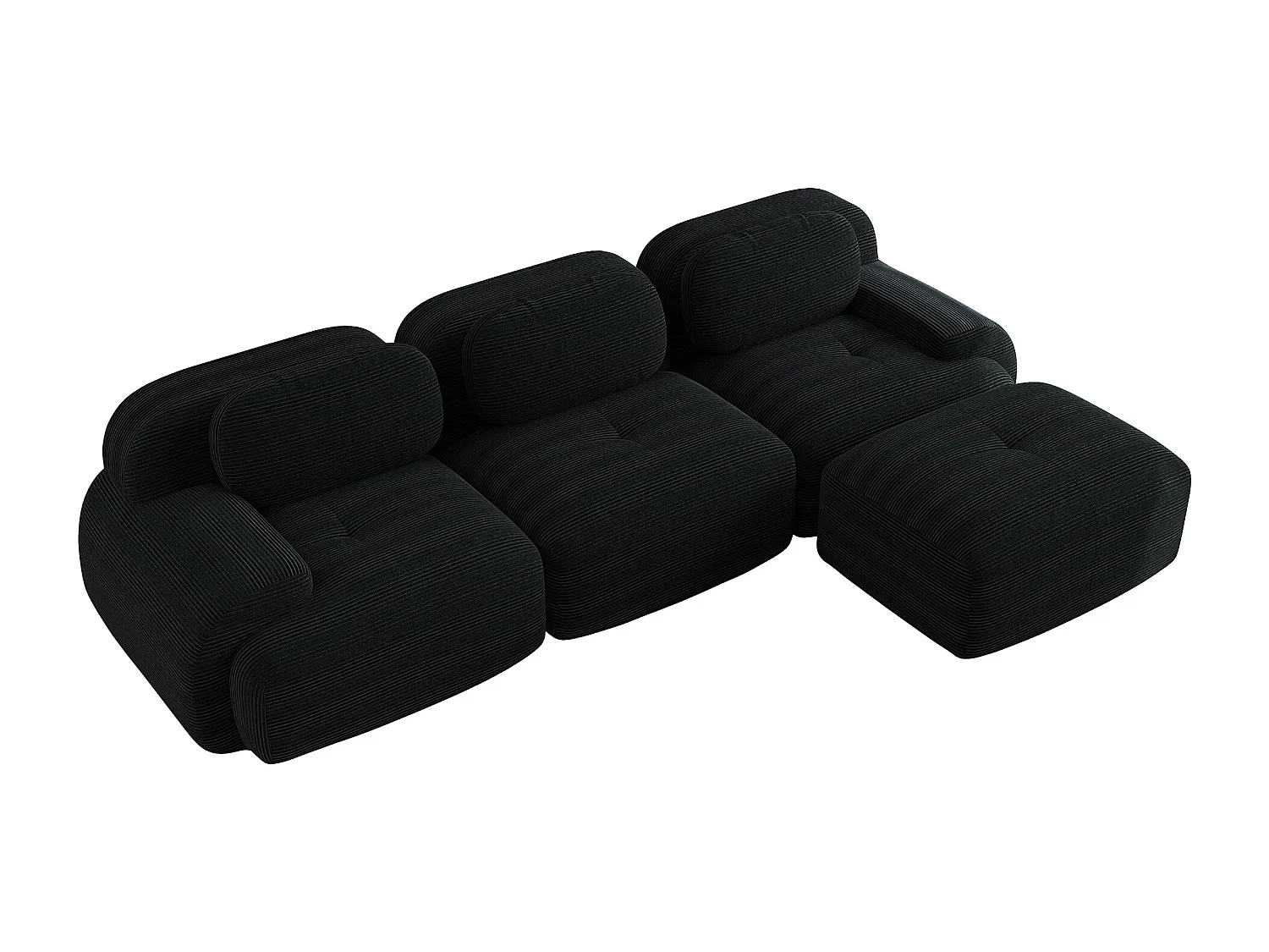 Divano 3 posti con poggiapiedi e cuscini - Velluto a coste - Nero, non necessita di montaggio