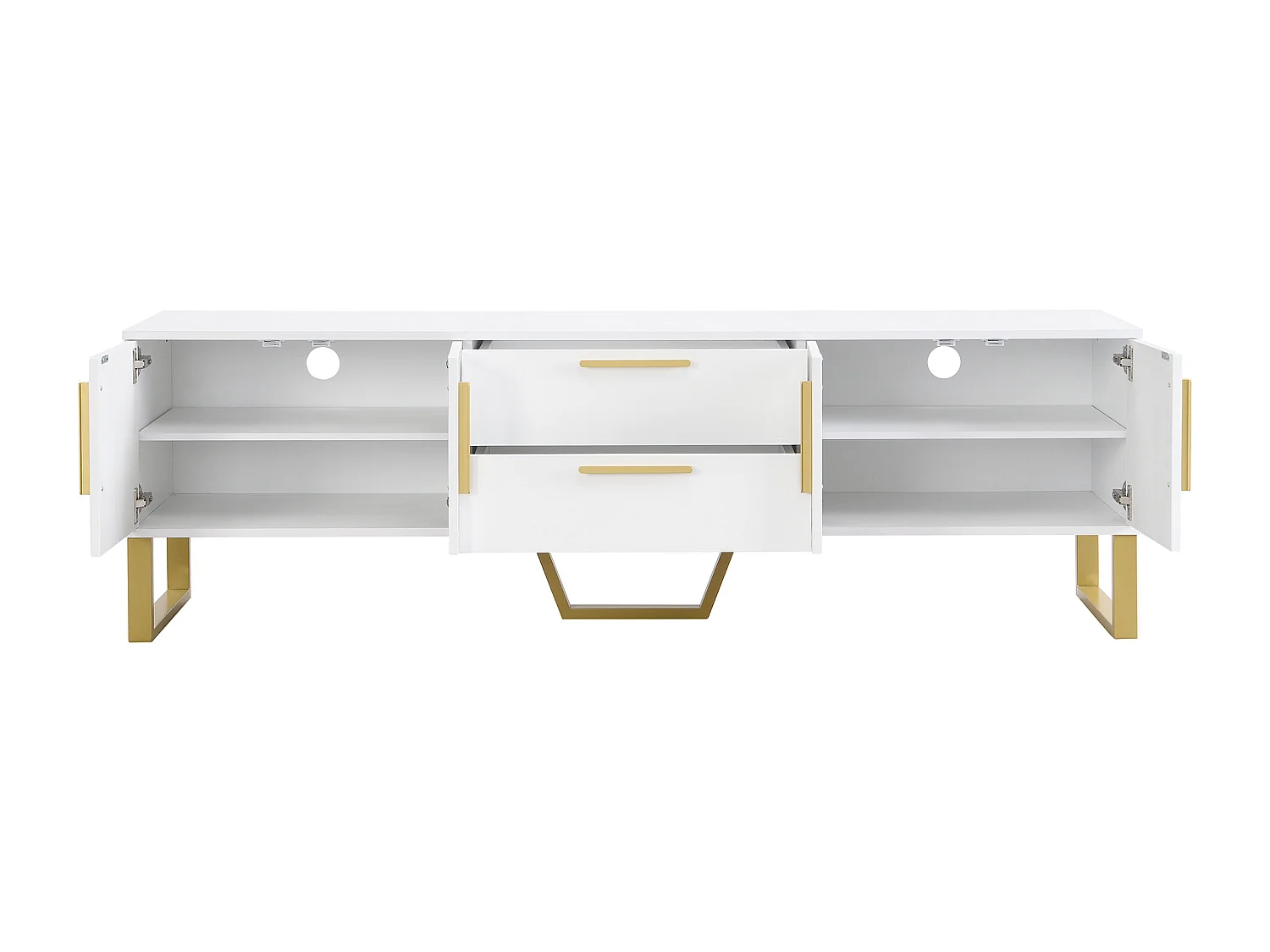 Hoogglans gelakt tv-meubel met 4 lades en 2 deuren - Deur met structuurafwerking - Wit en goud