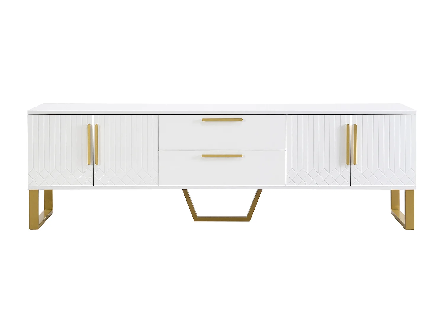 Hoogglans gelakt tv-meubel met 4 lades en 2 deuren - Deur met structuurafwerking - Wit en goud