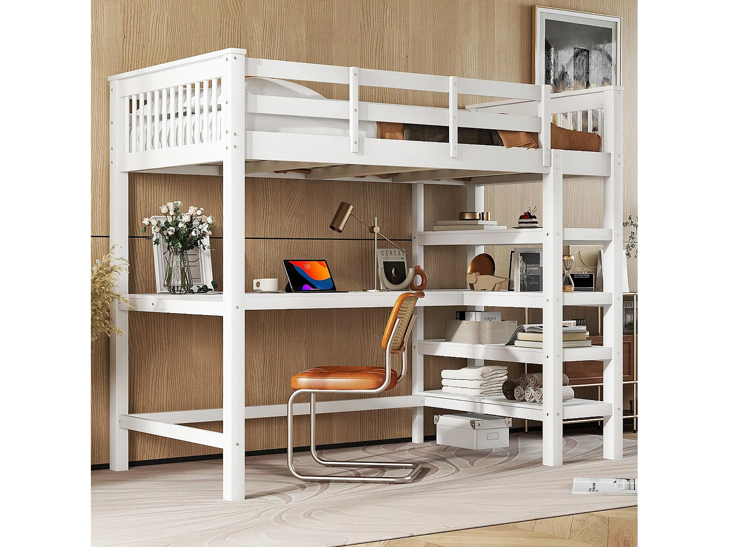 Cama alta infantil de 90 x 200 cm con estanterías y escritorio - Madera de pino y MDF blanco