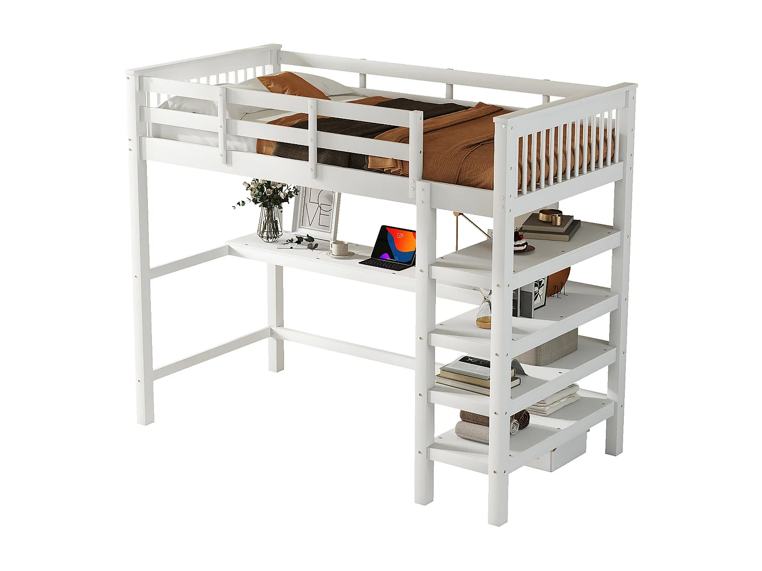 Cama alta infantil de 90 x 200 cm con estanterías y escritorio - Madera de pino y MDF blanco
