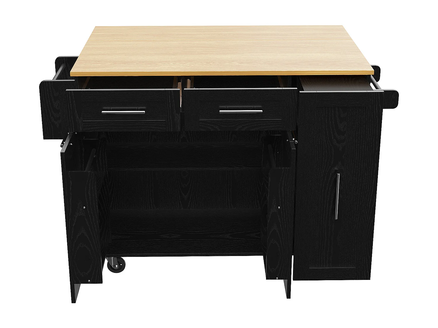 Isla de cocina con 3 puertas y 2 cajones - Encimera imitación madera - Madera MDF - Negro y natural claro