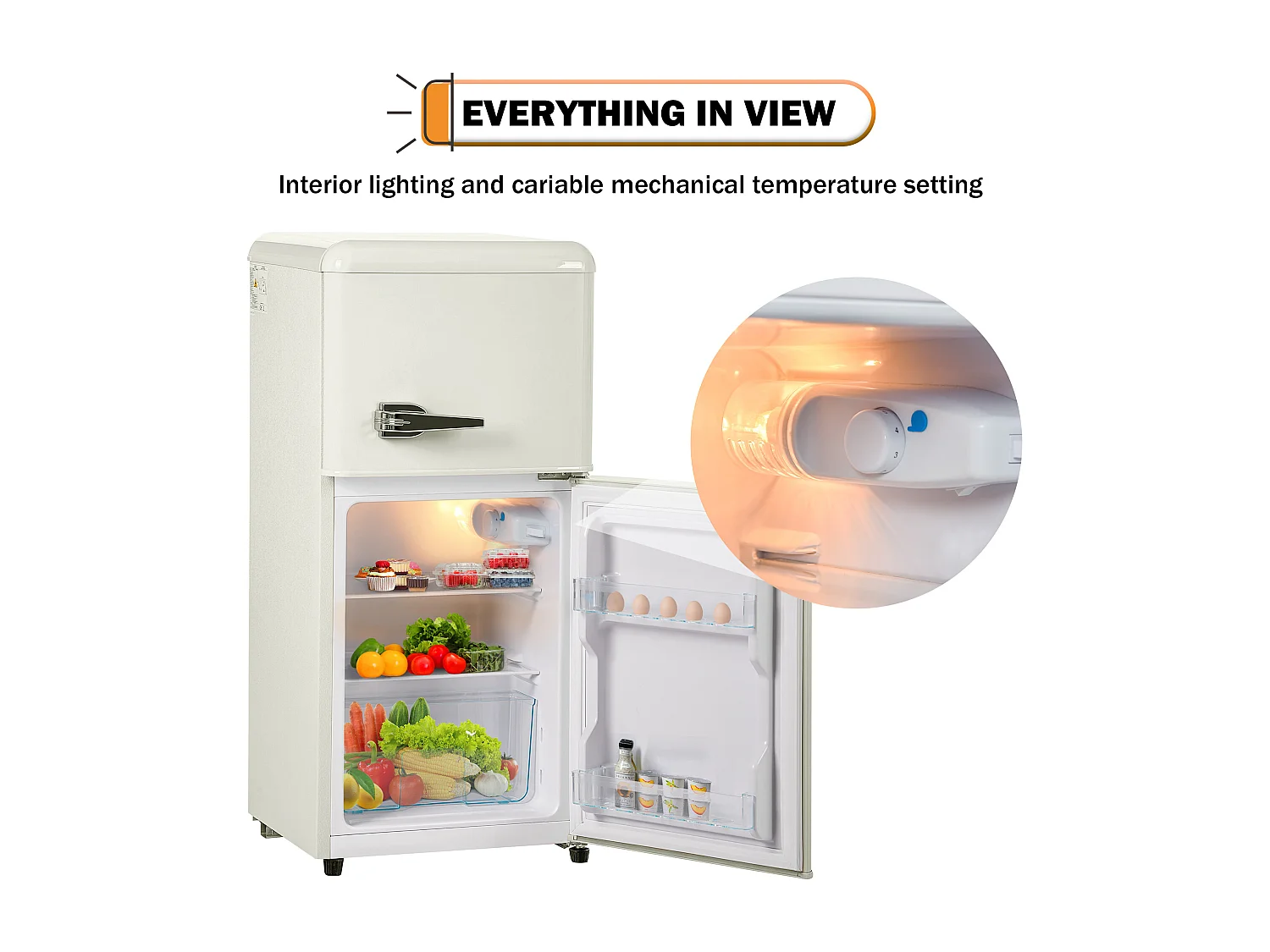 Réfrigérateur de 60 L avec 2 portes et LED - Consommation 102 kWh/an - Blanc crémeux