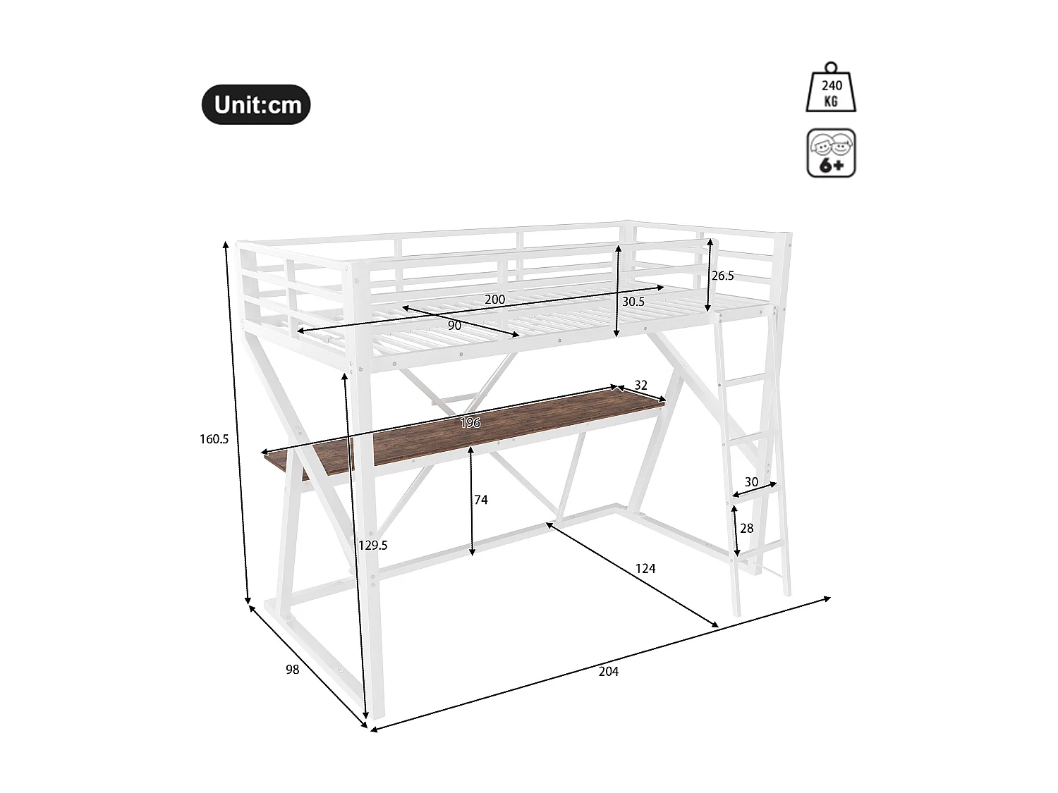 Kinderhoogslaper 90 x 200 cm met bureau en ledverlichting - Metalen frame - Zwart