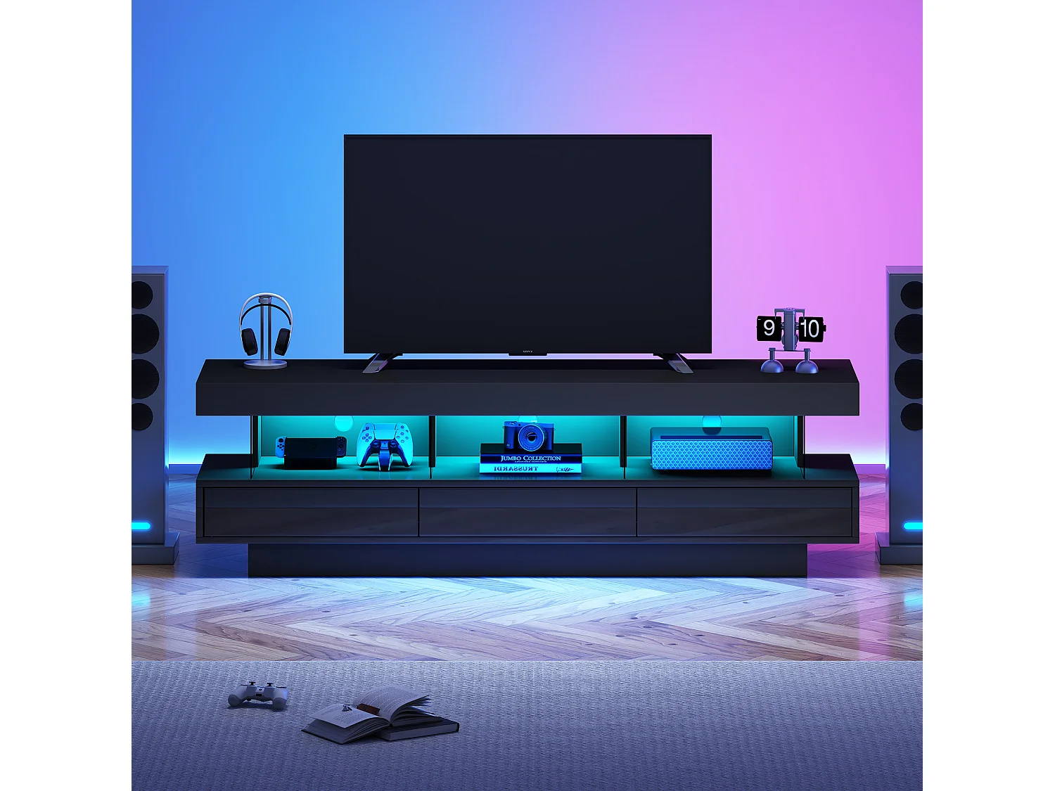 Tv-meubel met ledverlichting, 3 lades en 3 glazen planken - Glanzend zwart lakwerk