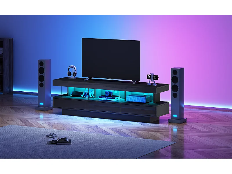 Tv-meubel met ledverlichting, 3 lades en 3 glazen planken - Glanzend zwart lakwerk