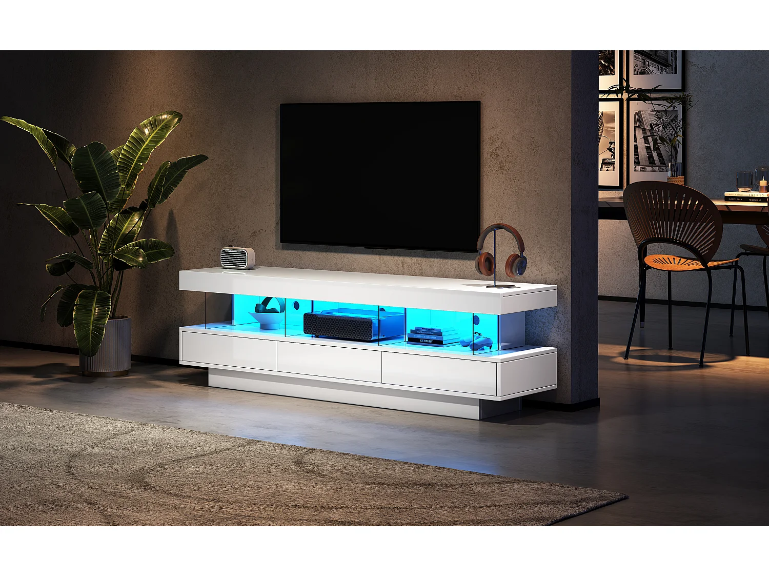 Tv-meubel met ledverlichting, 3 lades en 3 glazen planken - Glanzend witte lak