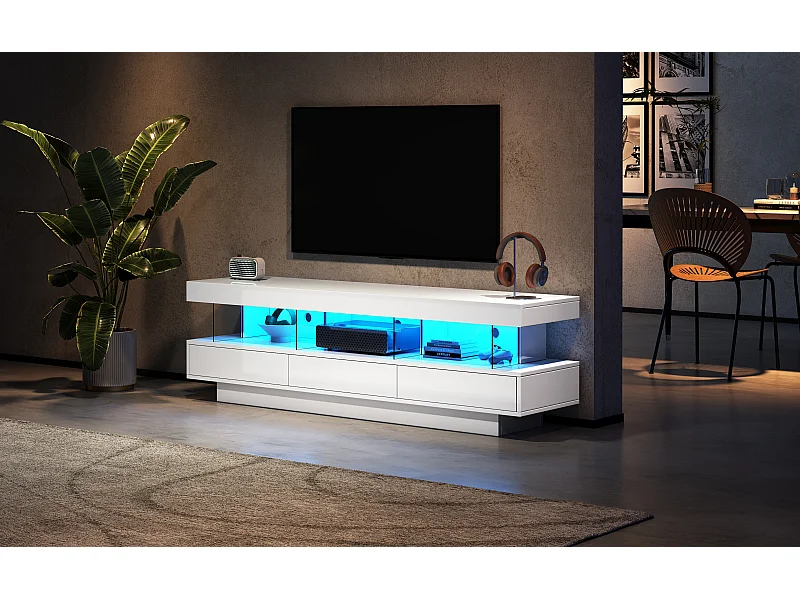 Tv-meubel met ledverlichting, 3 lades en 3 glazen planken - Glanzend witte lak