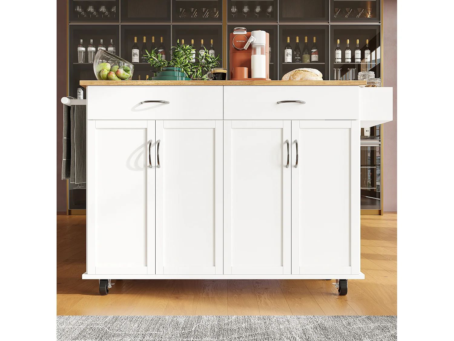 Isla de cocina moderna con 4 puertas y 2 cajones - Encimera imitación madera 50(78)x106cm - Blanco