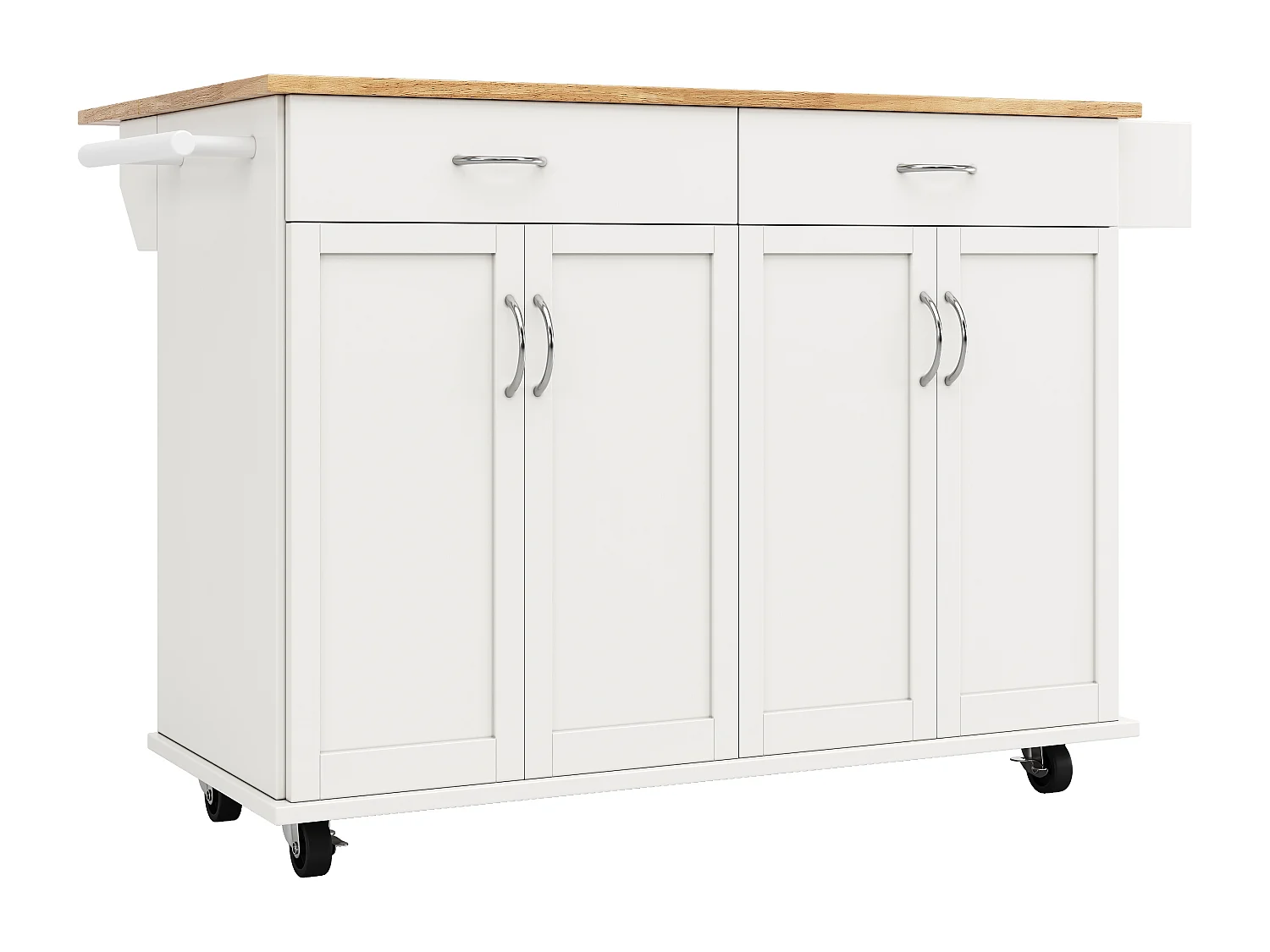 Isla de cocina moderna con 4 puertas y 2 cajones - Encimera imitación madera 50(78)x106cm - Blanco