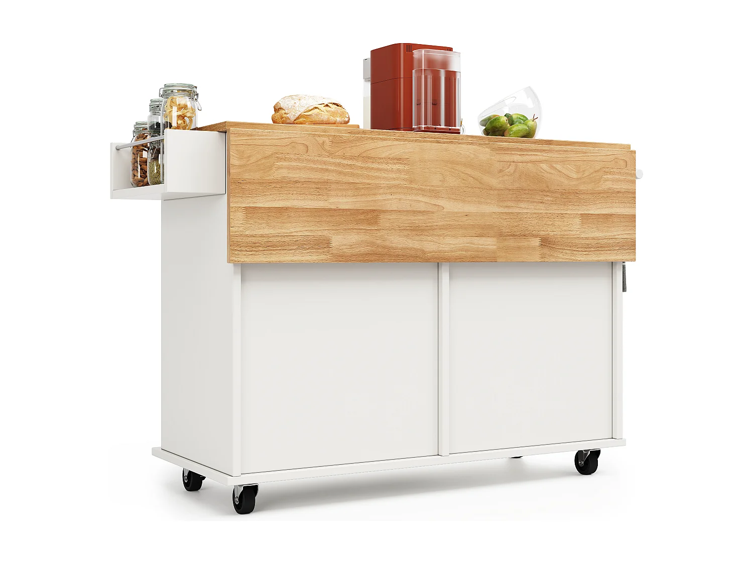 Isla de cocina moderna con 4 puertas y 2 cajones - Encimera imitación madera 50(78)x106cm - Blanco