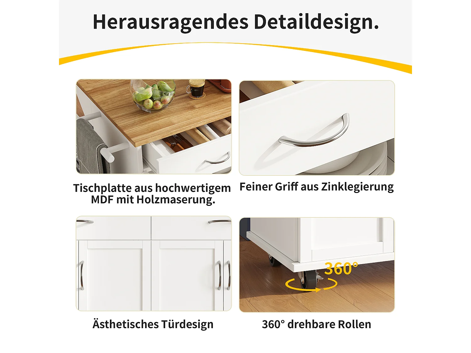 Isla de cocina moderna con 4 puertas y 2 cajones - Encimera imitación madera 50(78)x106cm - Blanco