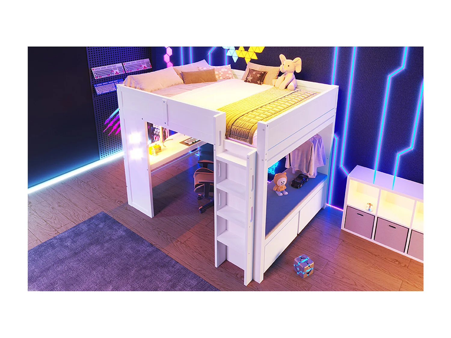 Lit mezzanine 140 x 200 cm avec bureau , 2 tiroirs et corde à linge - Lit enfant avec LED ,USB et Type-C - Blanc