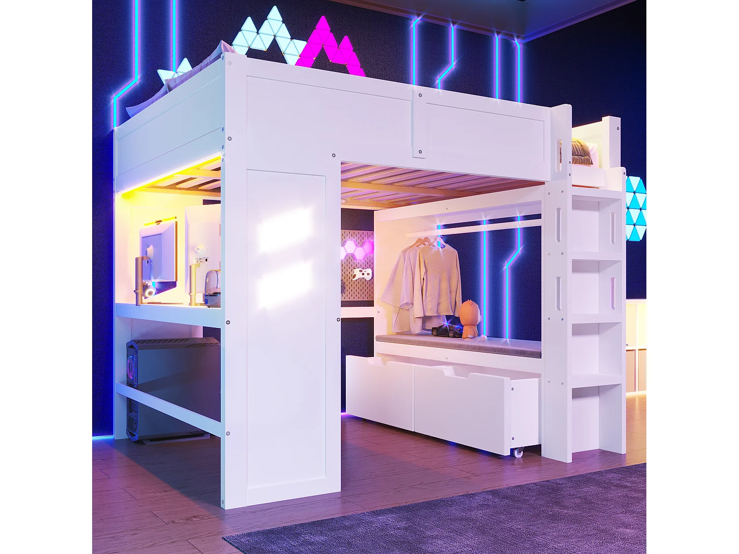 Lit mezzanine 140 x 200 cm avec bureau , 2 tiroirs et corde à linge - Lit enfant avec LED ,USB et Type-C - Blanc