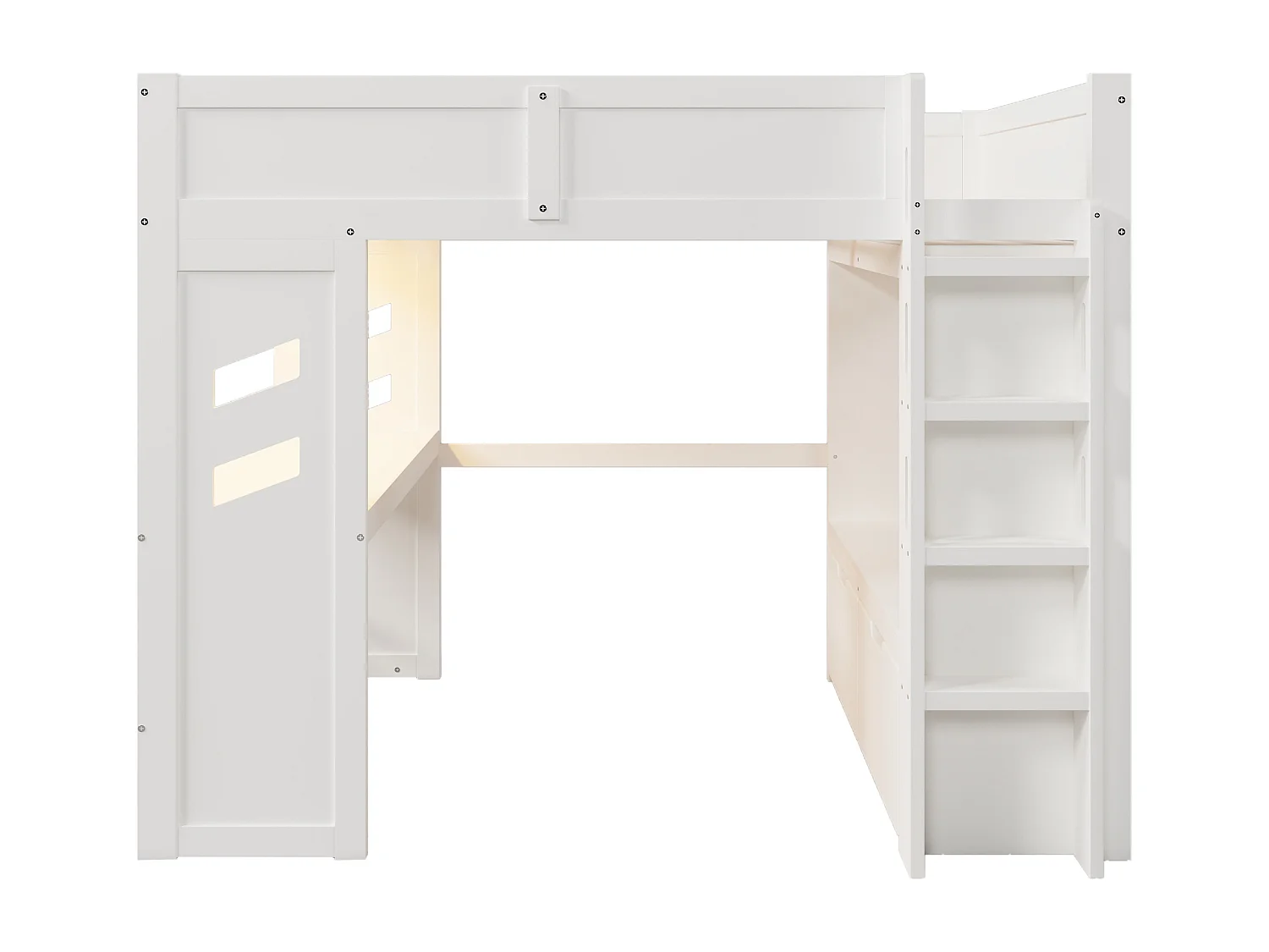 Letto a soppalco 140 x 200 cm con scrivania, 2 cassetti e stendibiancheria - Letto per bambini con LED, USB e Type-C - Bianco