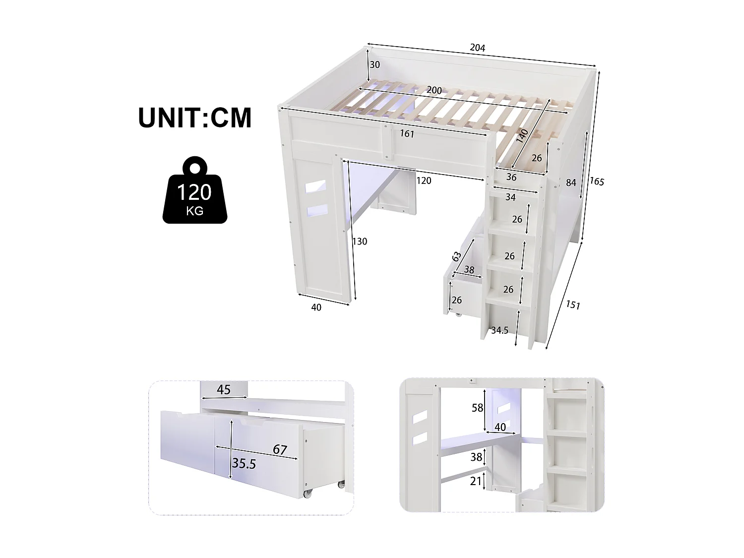 Letto a soppalco 140 x 200 cm con scrivania, 2 cassetti e stendibiancheria - Letto per bambini con LED, USB e Type-C - Bianco
