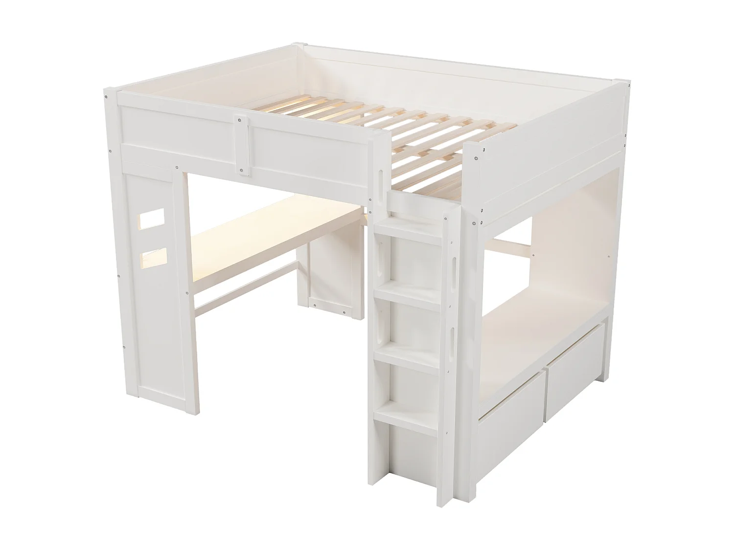 Letto a soppalco 140 x 200 cm con scrivania, 2 cassetti e stendibiancheria - Letto per bambini con LED, USB e Type-C - Bianco